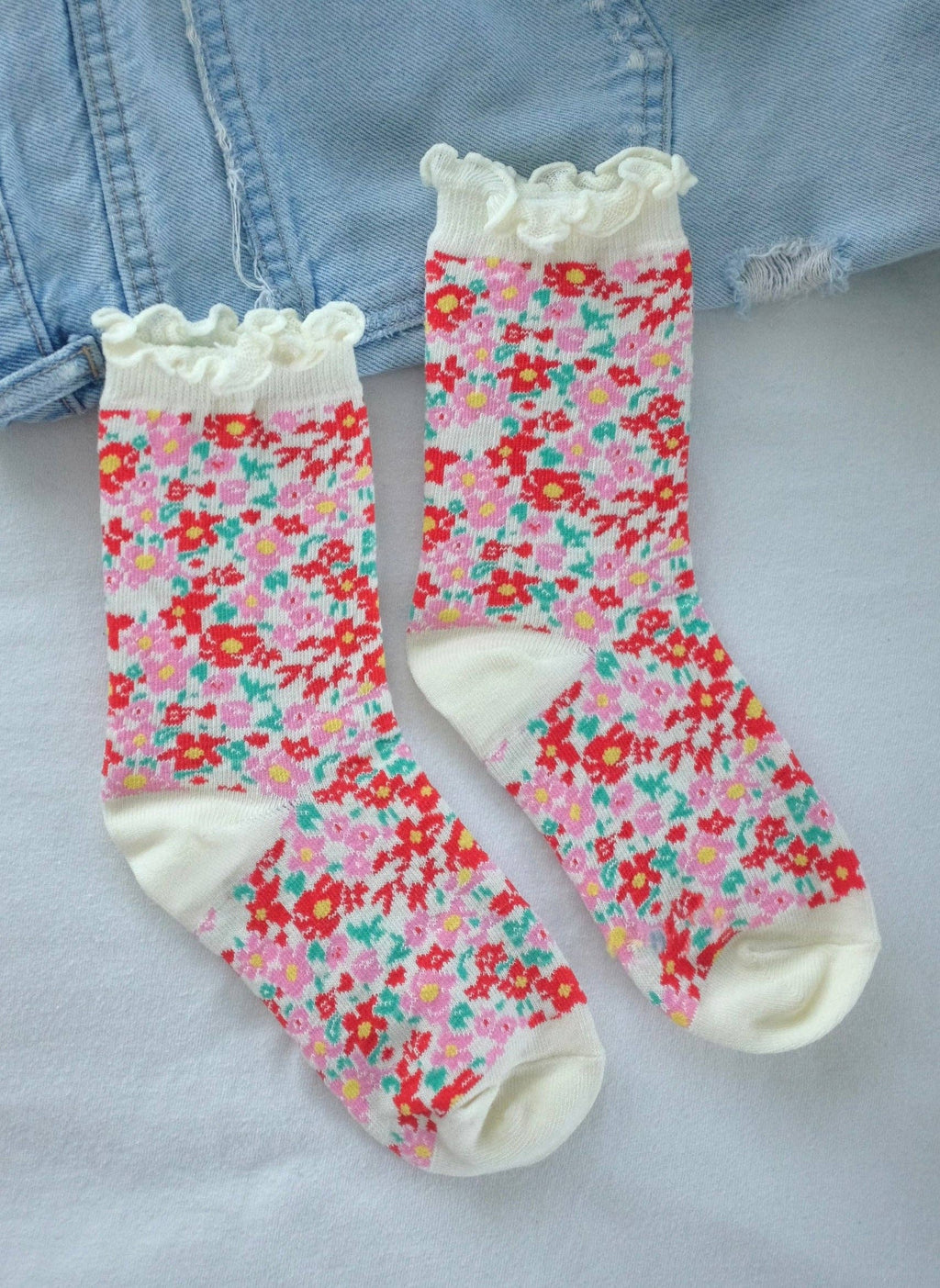 First Summer- Pink Red Floral Whimsical Ruffle Crew Socks