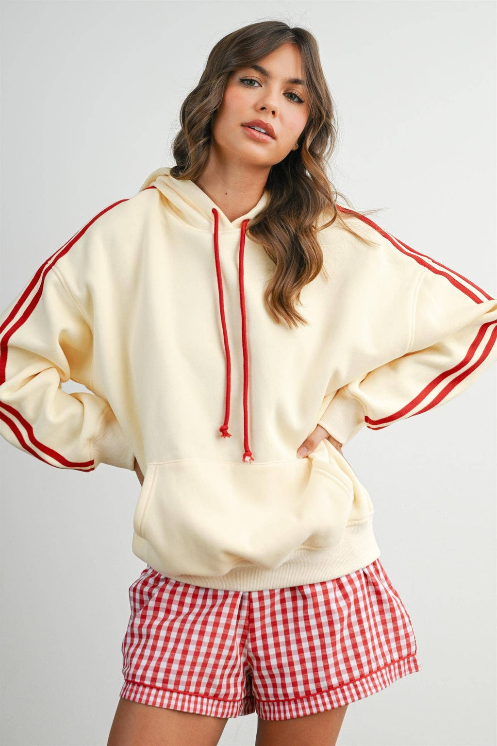 BUTTERMELON- Contrast Striped  Drawstring Hoodie