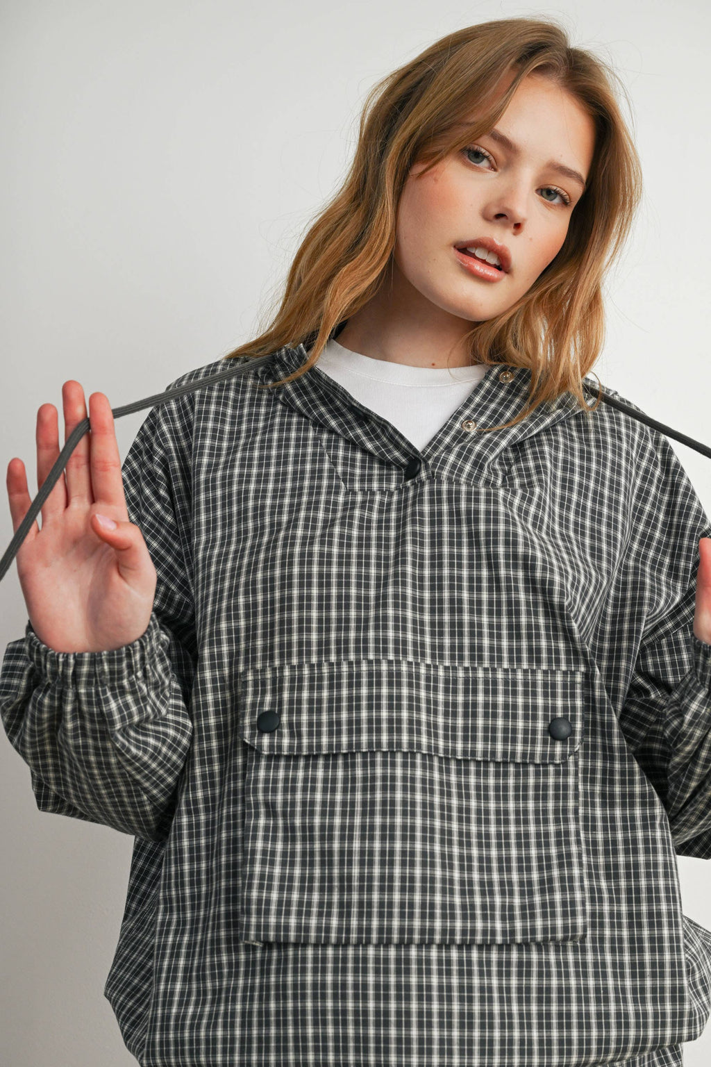 BUTTERMELON- Check Hooded Anorak Top