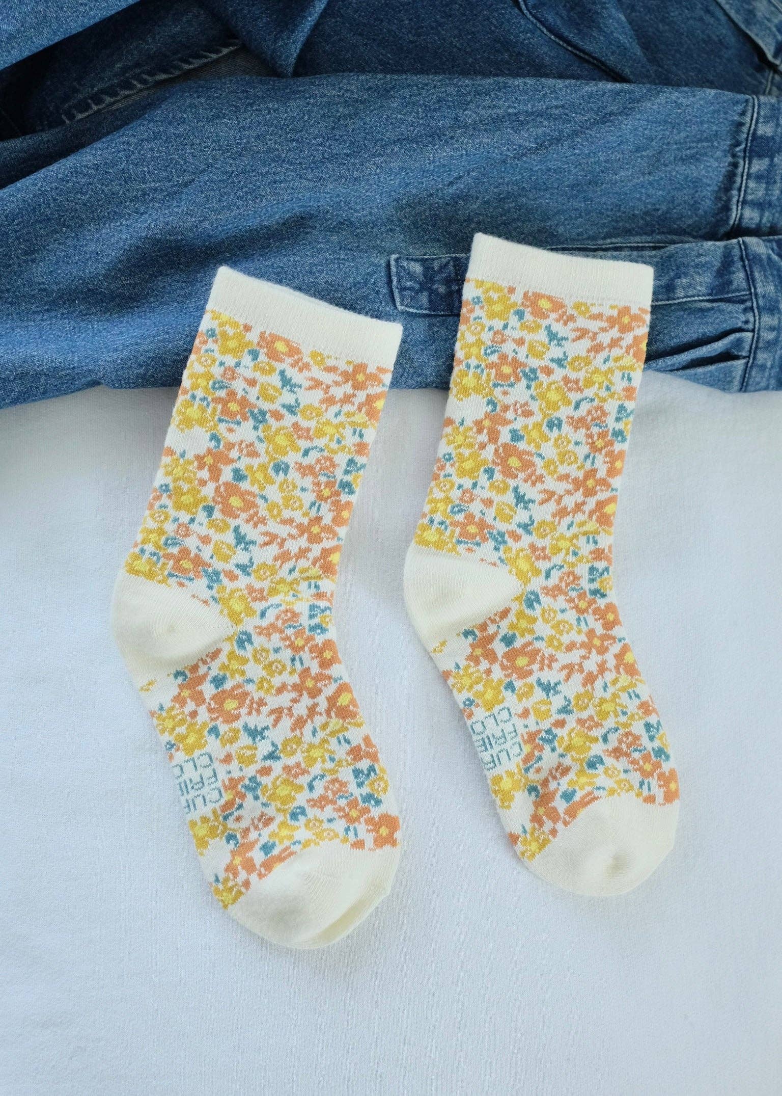 First Summer- Gold Floral Vintage Print Crew Socks