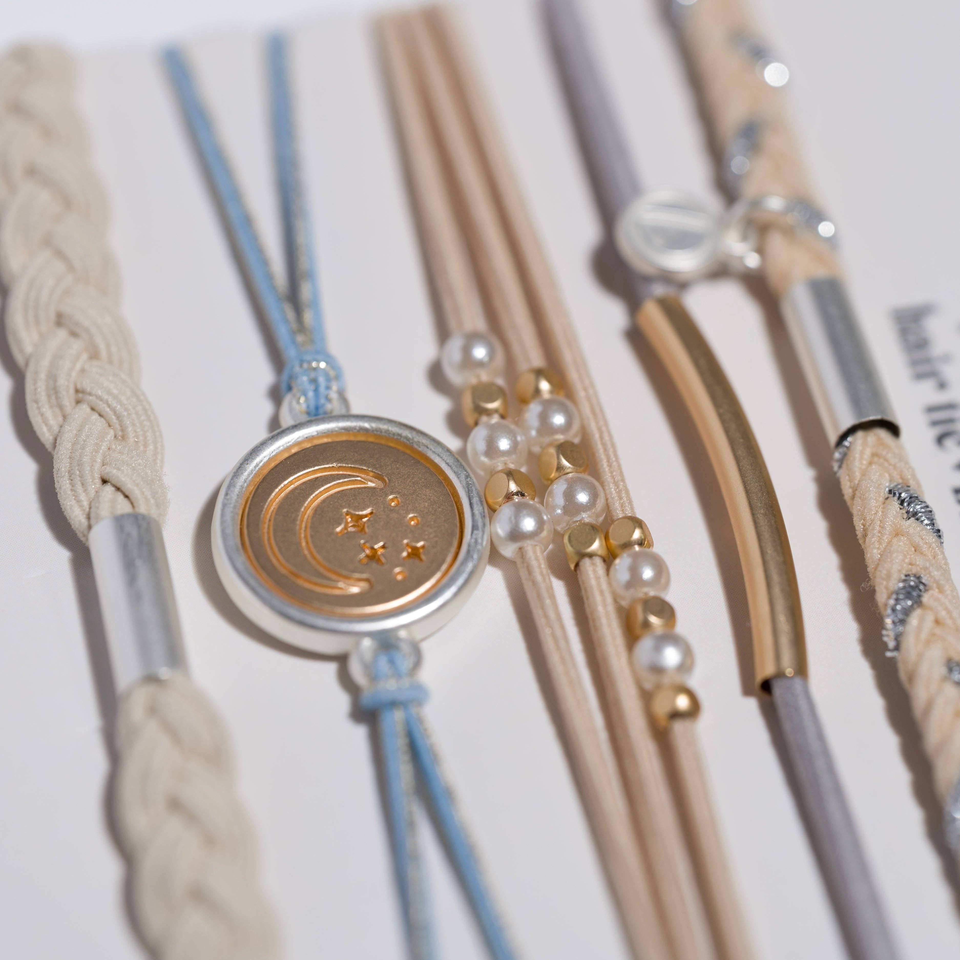 K'lani- "Wonder" Soft Creams and Blues with Pearls and Gold Hair Tie Bracelets