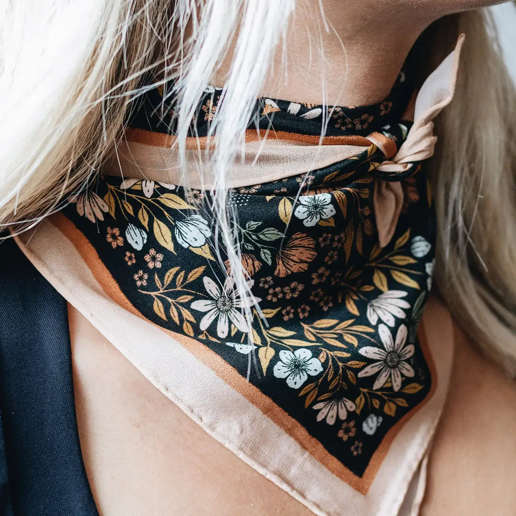 Flora West Design- Midnight Garden Silk Bandana Scarf 23" Floral Accessory