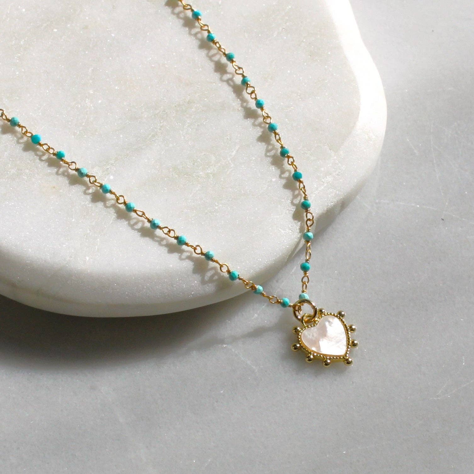 The Silver Wren- Turquoise Rosary and Heart Pendant Necklace