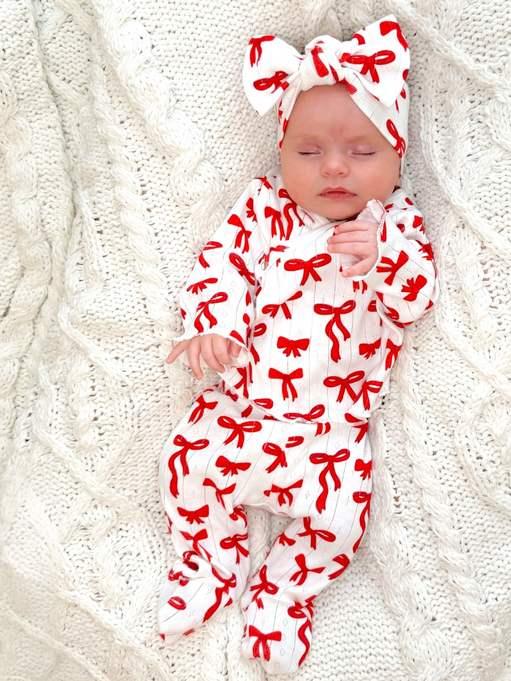 SIIX Collection- Red Bows / Organic Pointelle Newborn Set