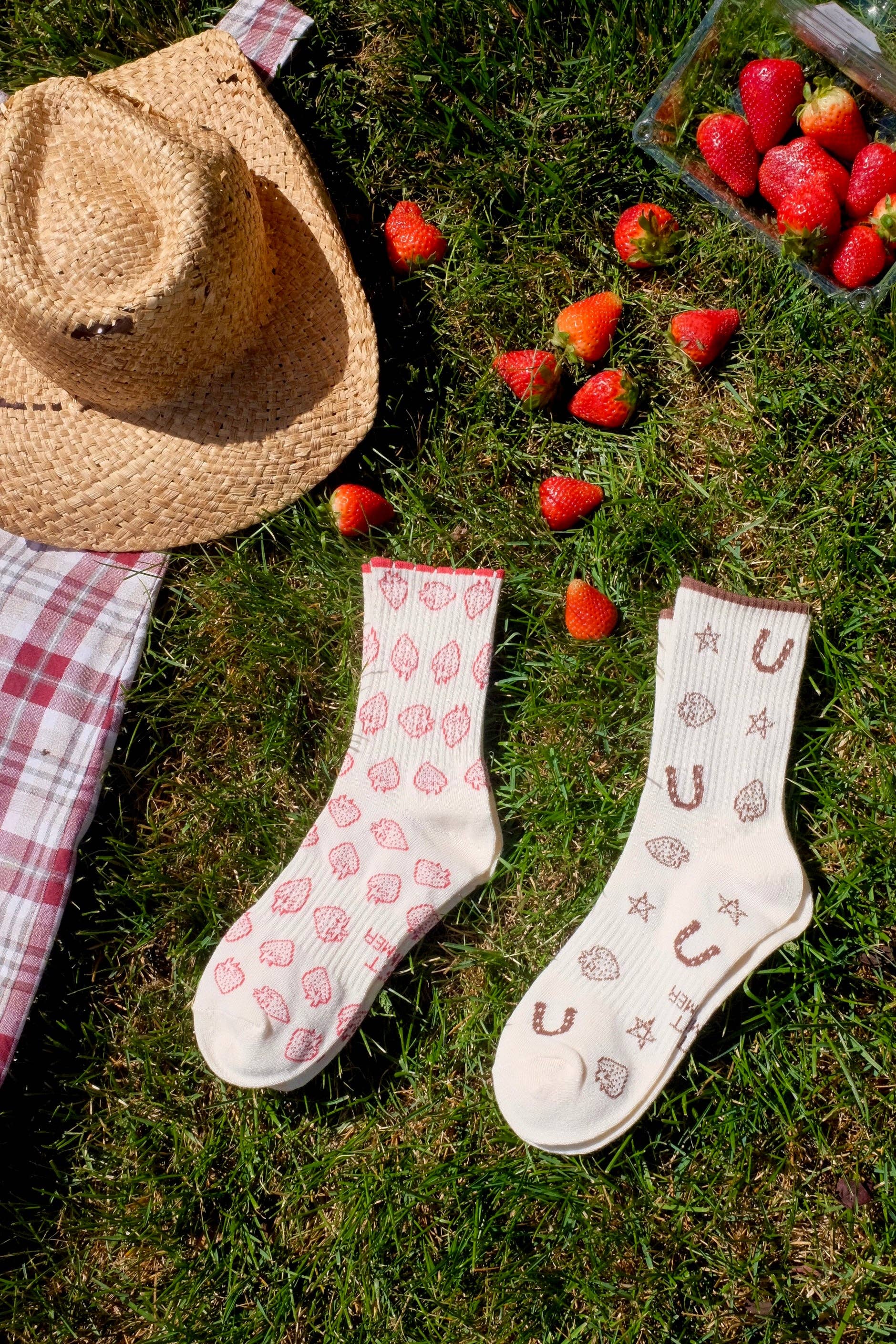First Summer- Cream Red Strawberry Print Vintage Ruffle Crew Socks