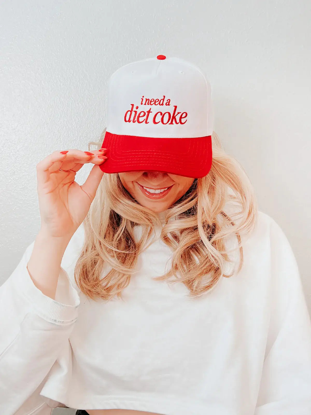 Maddon & Co.- I Need a Diet Coke Embroidered Trucker Hat - Red and White