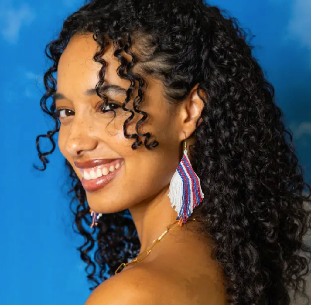 INK + ALLOY- Haley Game Day Falling Lines Beaded Fringe Earrings Red White and Blue