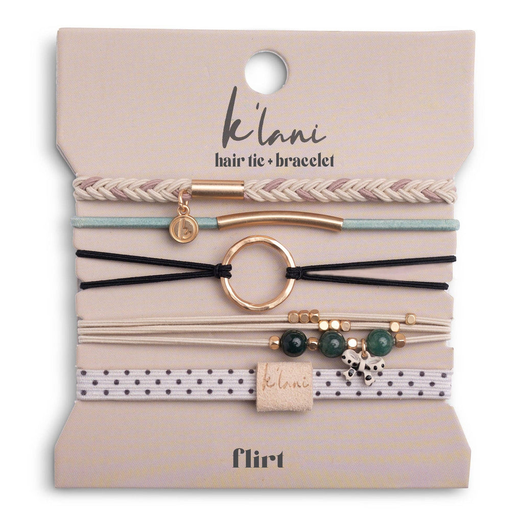 K'lani- "Flirt" Polka Dot in Cream & Black with Green Accent Hair Tie Bracelets