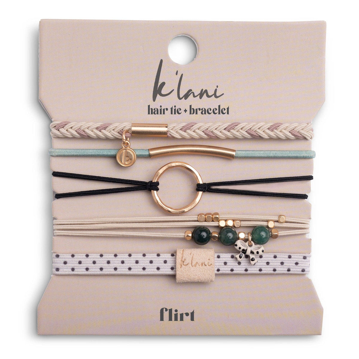 K'lani- "Flirt" Polka Dot in Cream & Black with Green Accent Hair Tie Bracelets