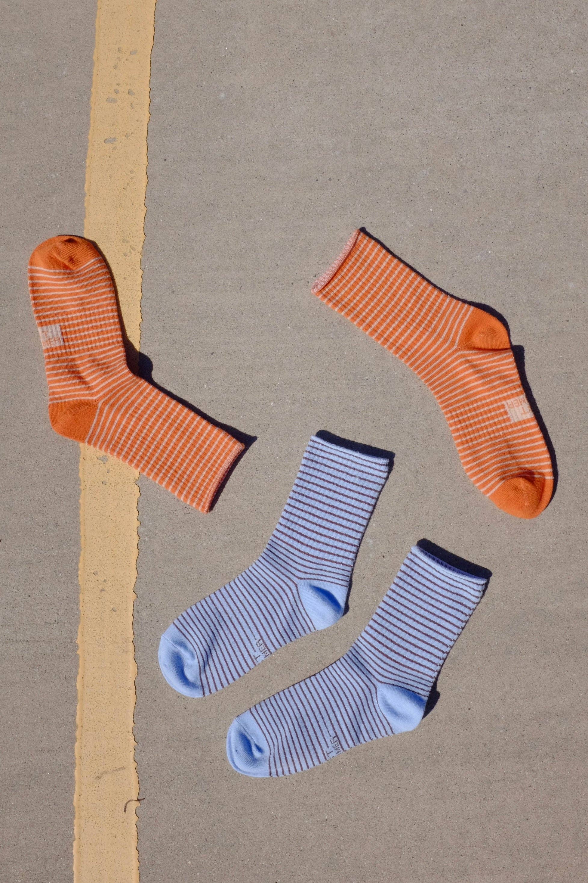 First Summer- Pinstripe Brown Blue Orange Ribbed Crew Socks