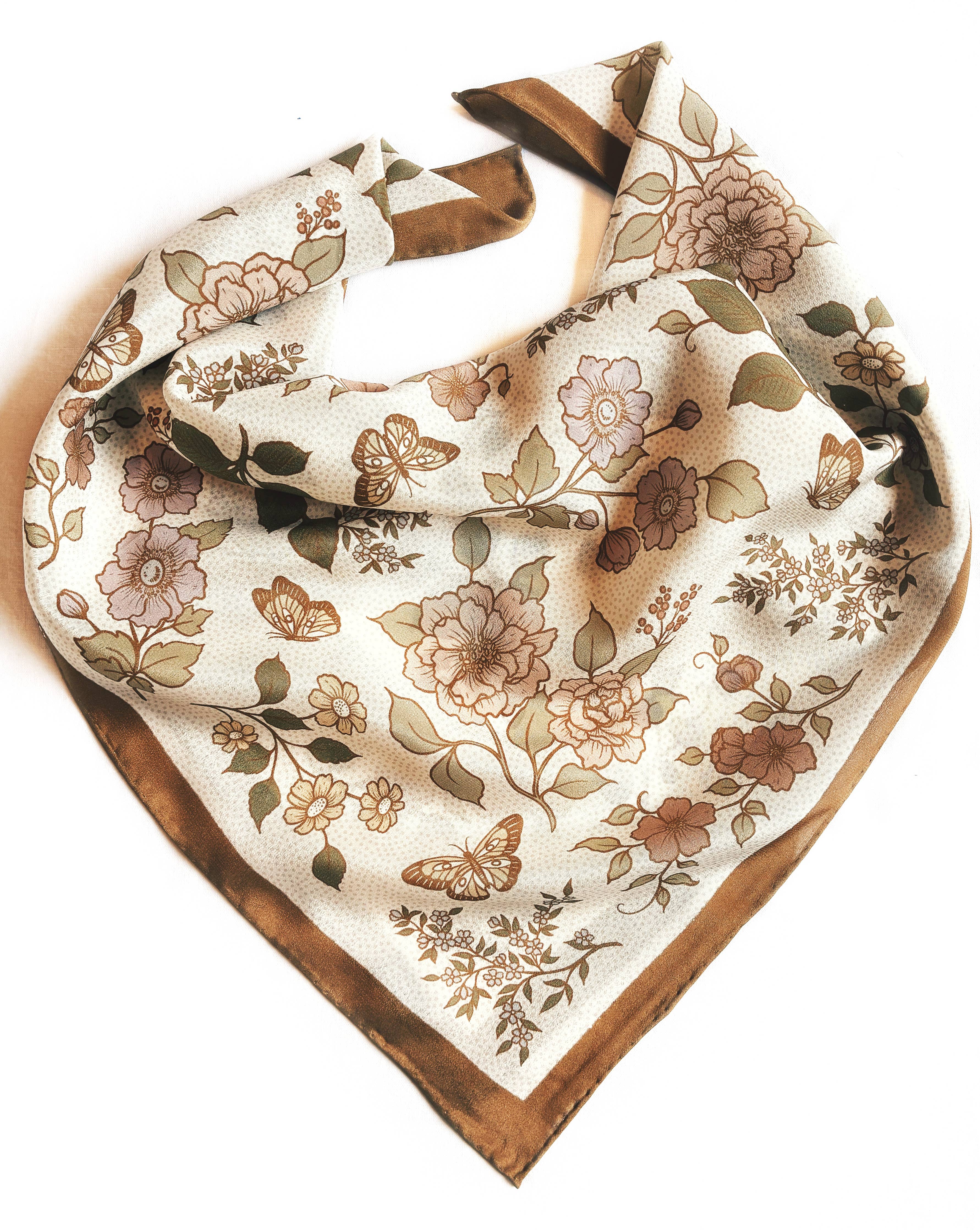 Flora West Design- 100% Silk Bandana Western Floral & Butterfly  – 23” Square