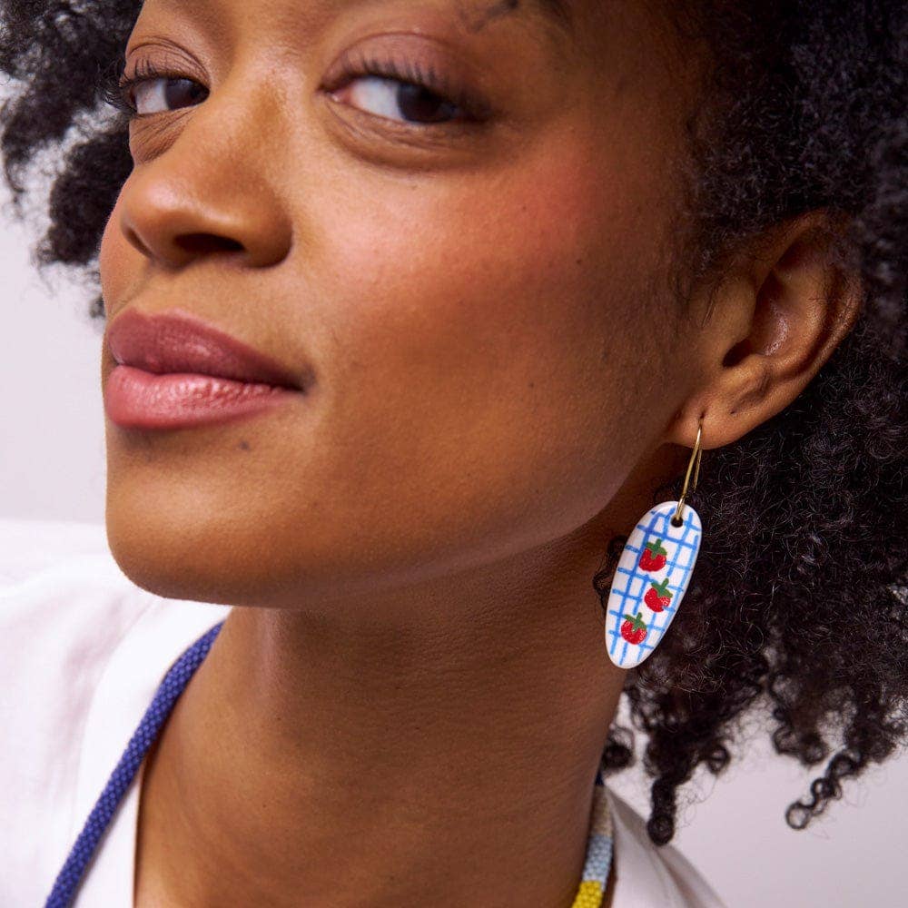 INK + ALLOY- Danielle Oval Ceramic Earrings With Tomatoes + Blue Plaid Wholesale