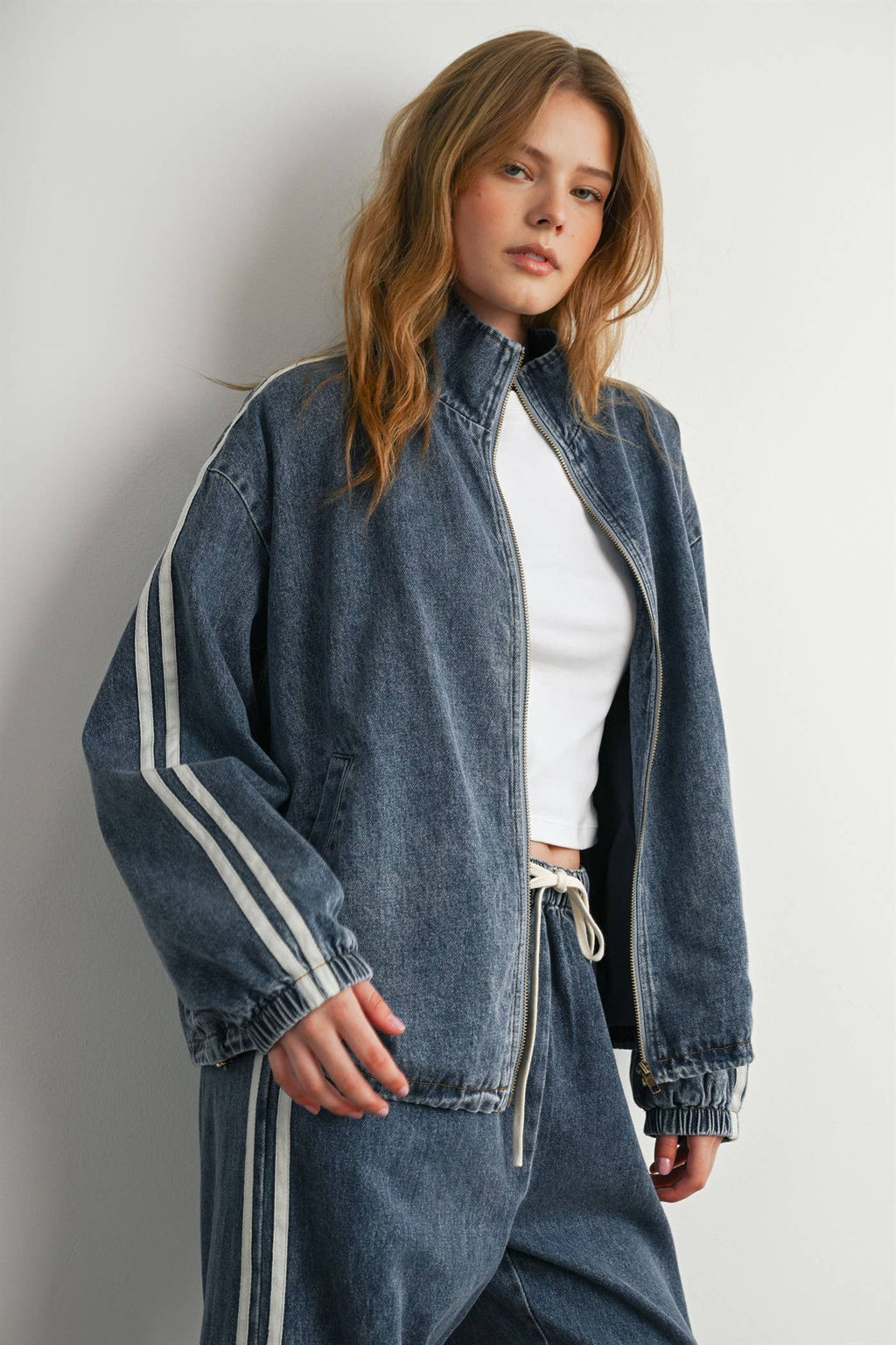 BUTTERMELON- Oversized Denim Zip-Up Track Jacket