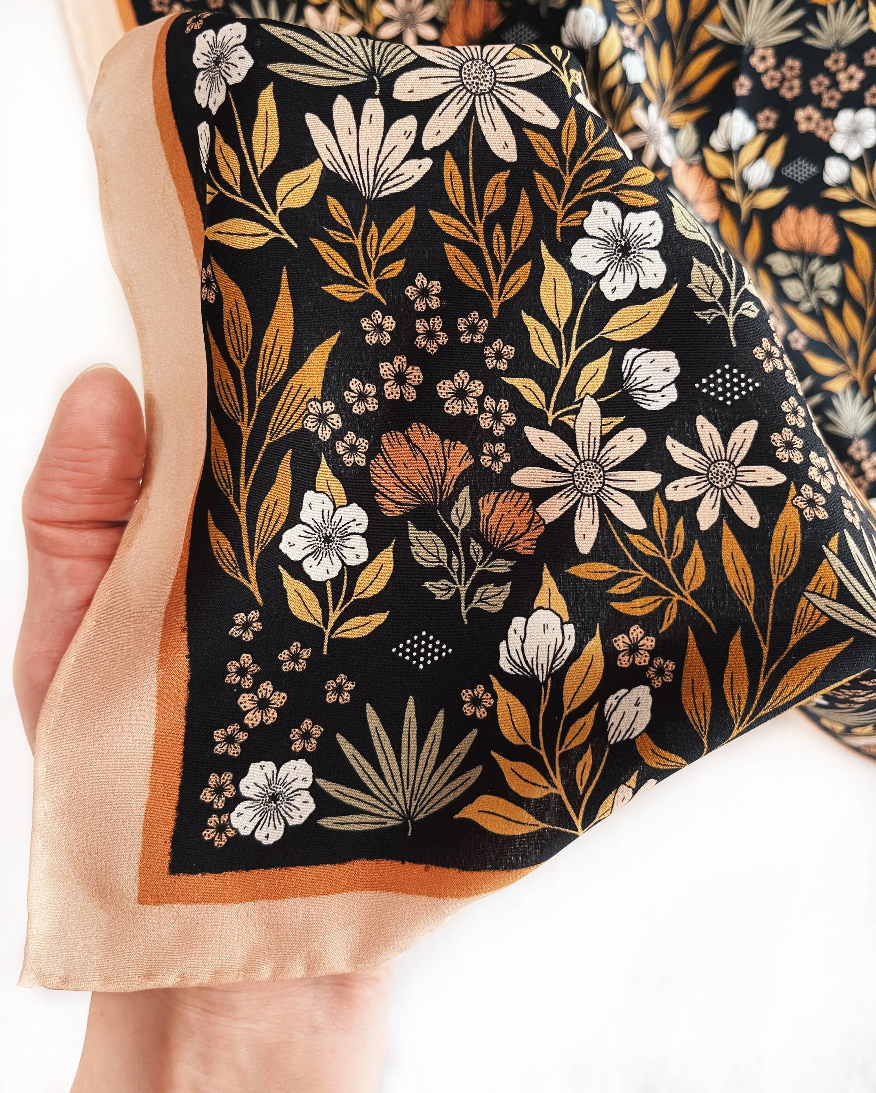 Flora West Design- Midnight Garden Silk Bandana Scarf 23" Floral Accessory
