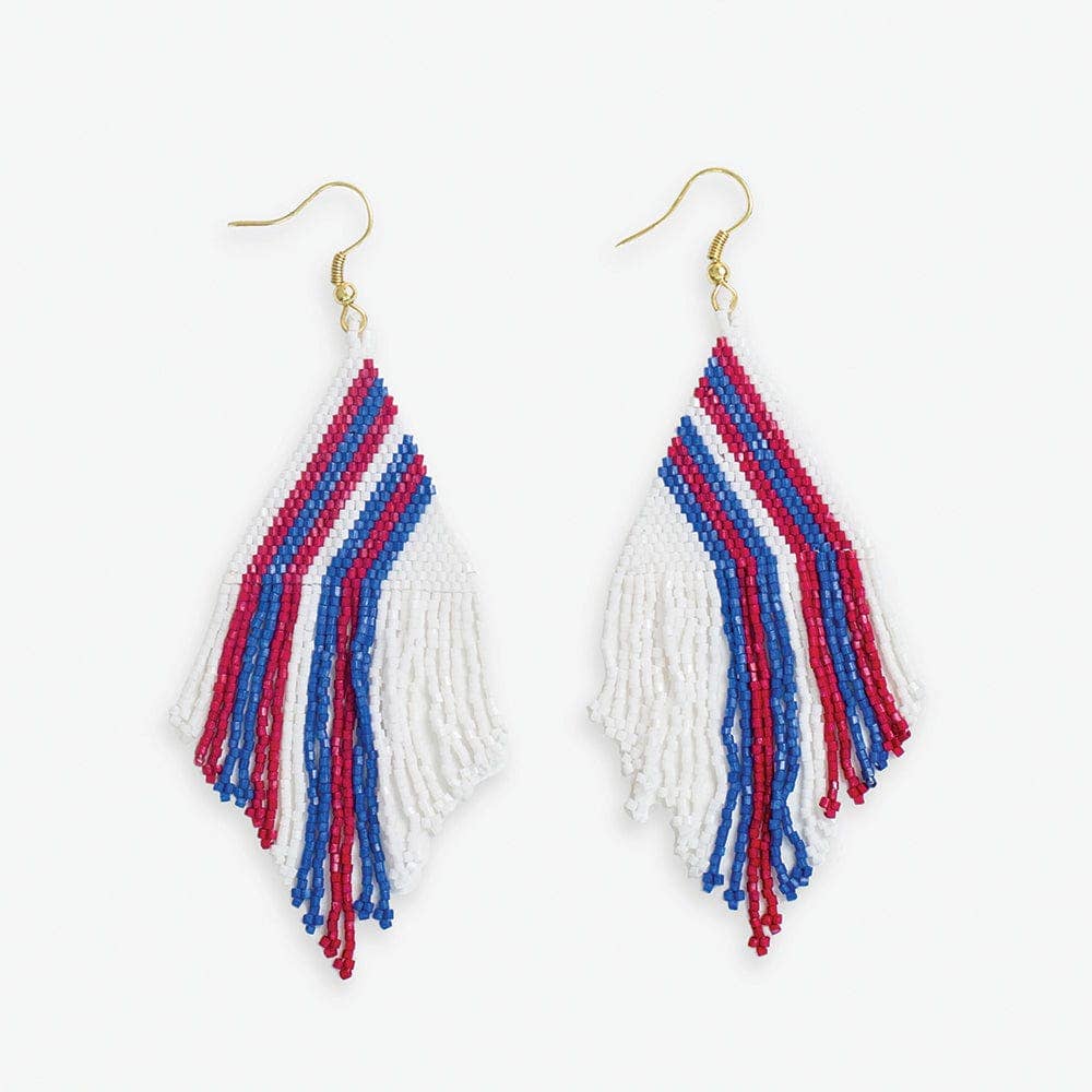 INK + ALLOY- Haley Game Day Falling Lines Beaded Fringe Earrings Red White and Blue