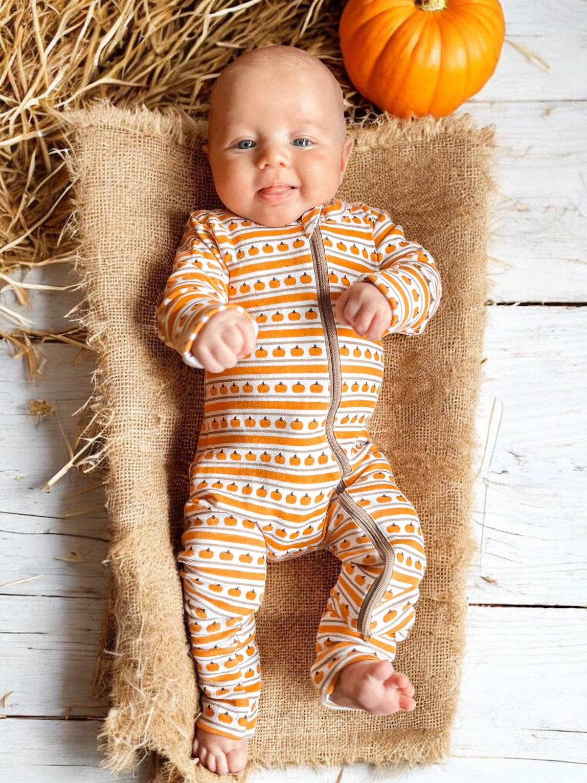 SIIX Collection- Pumpkin Stripe / Organic 2-Way Zip Romper