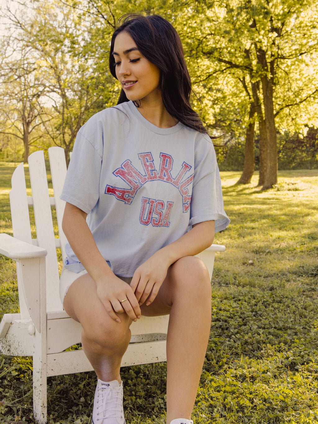LivyLu- 4th of July America Mega Arch Lt. Blue Thrifted Graphic Tee