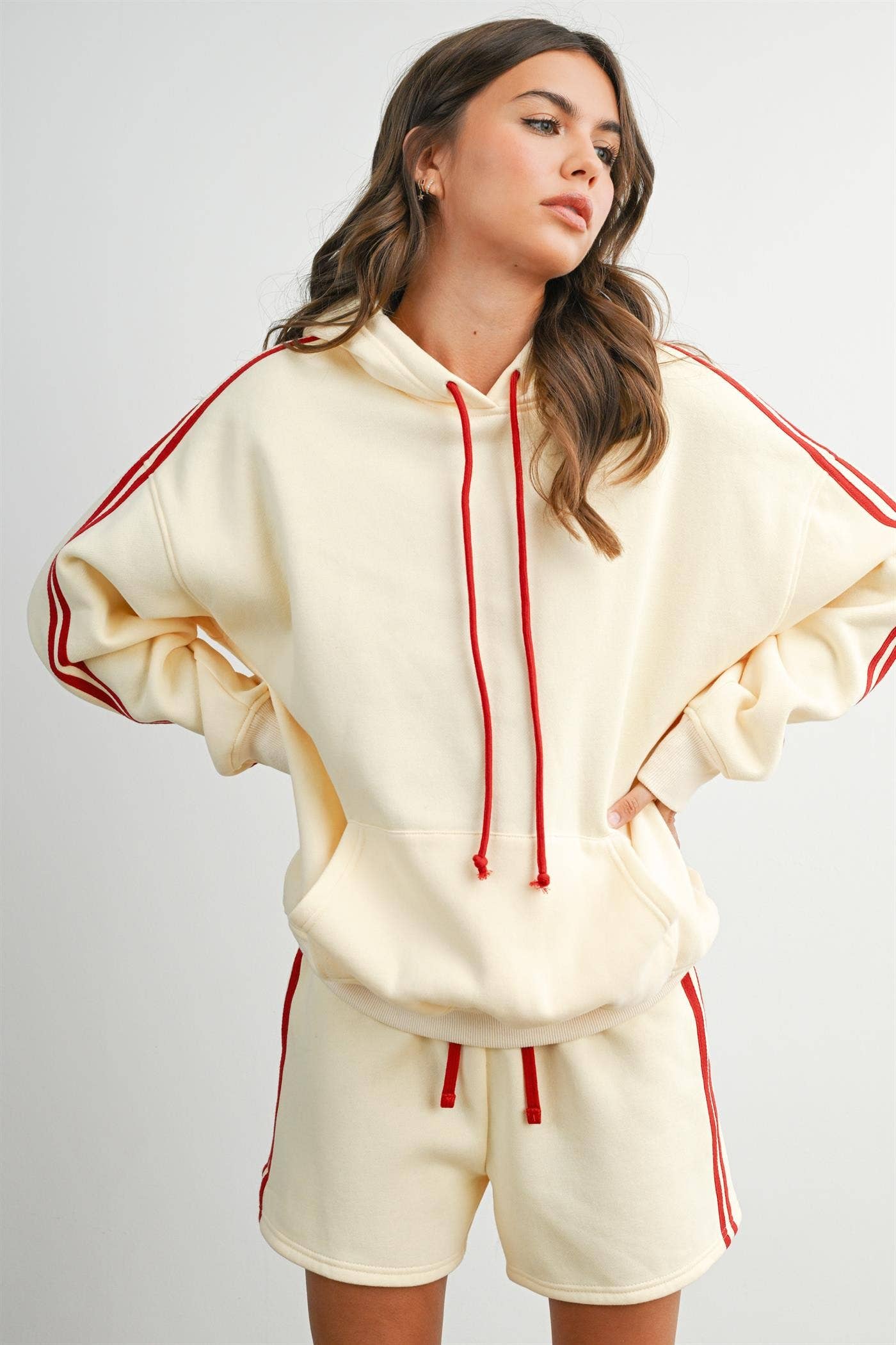 BUTTERMELON- Contrast Striped  Drawstring Hoodie