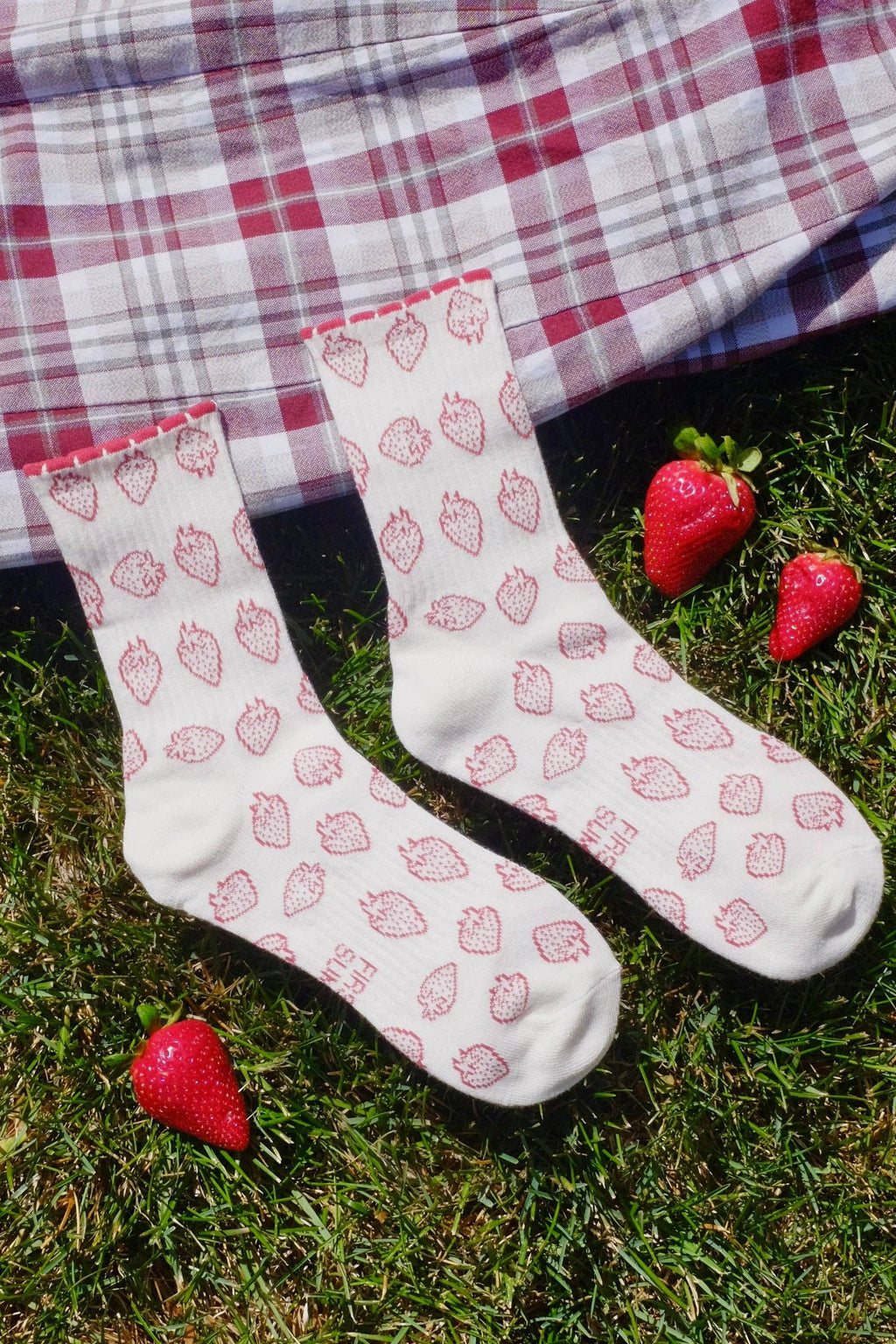 First Summer- Cream Red Strawberry Print Vintage Ruffle Crew Socks