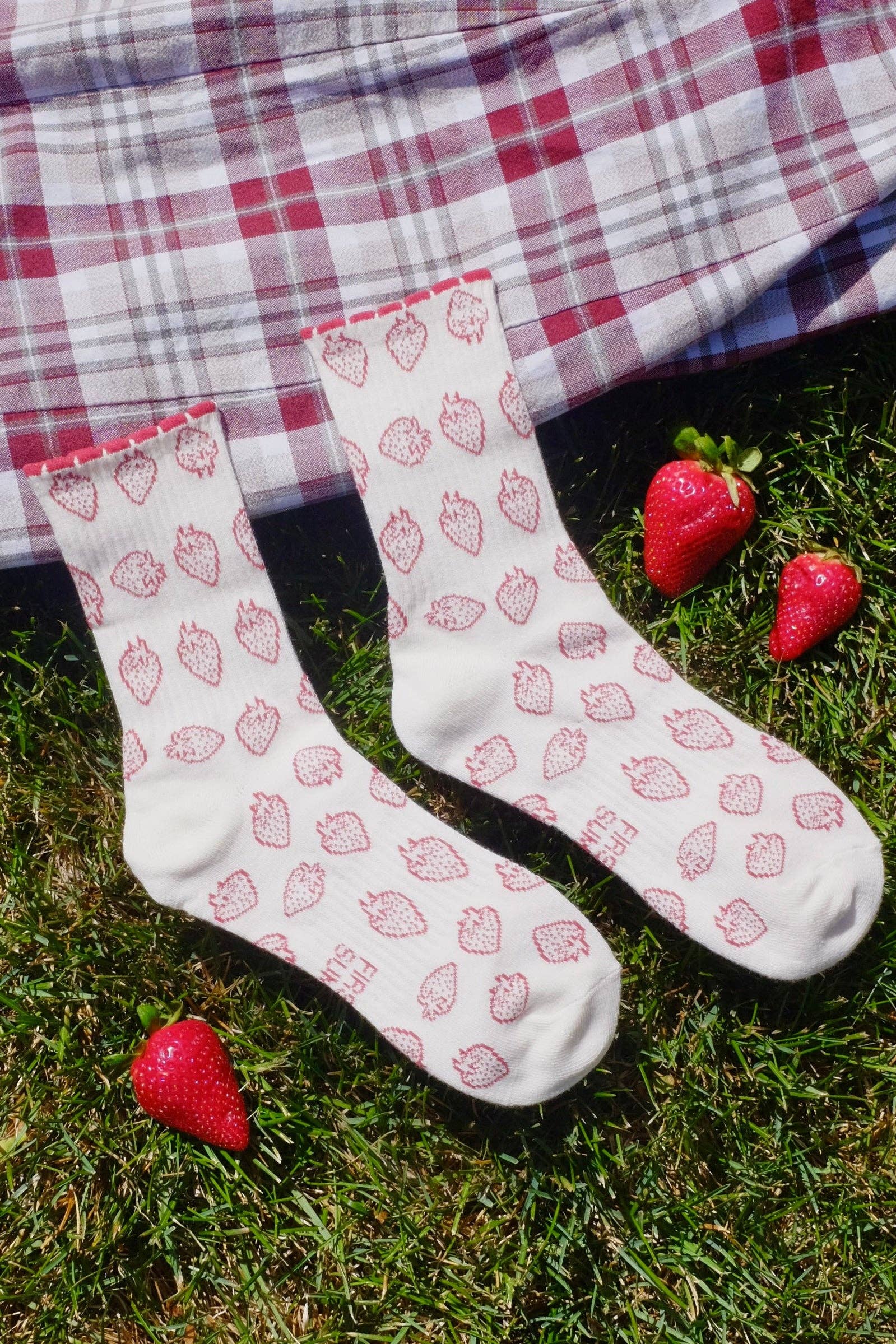 First Summer- Cream Red Strawberry Print Vintage Ruffle Crew Socks