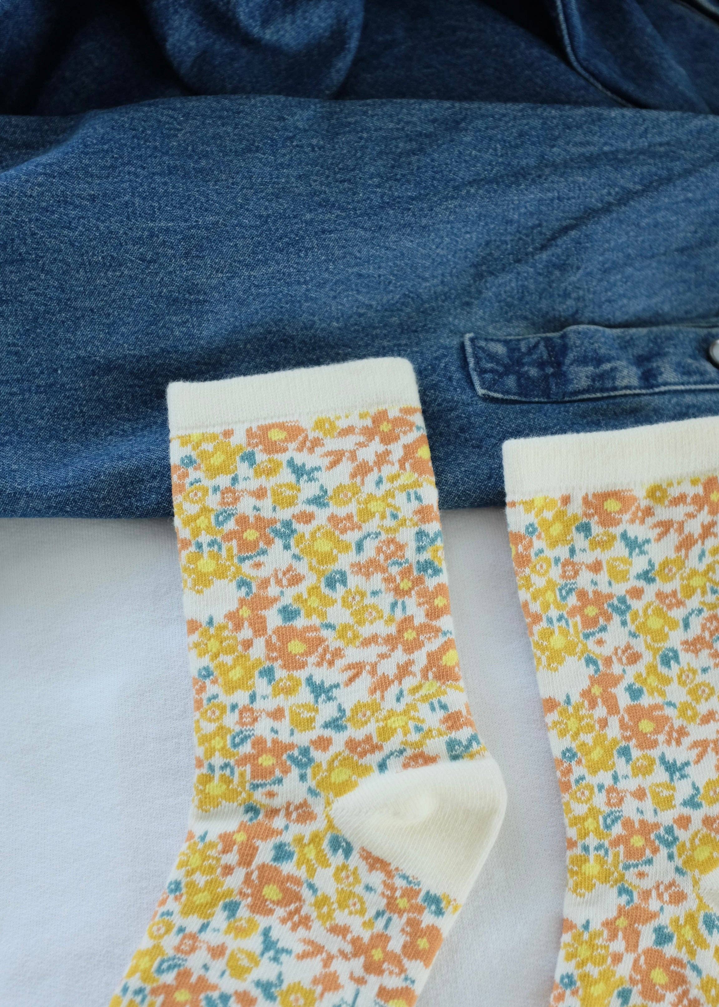 First Summer- Gold Floral Vintage Print Crew Socks
