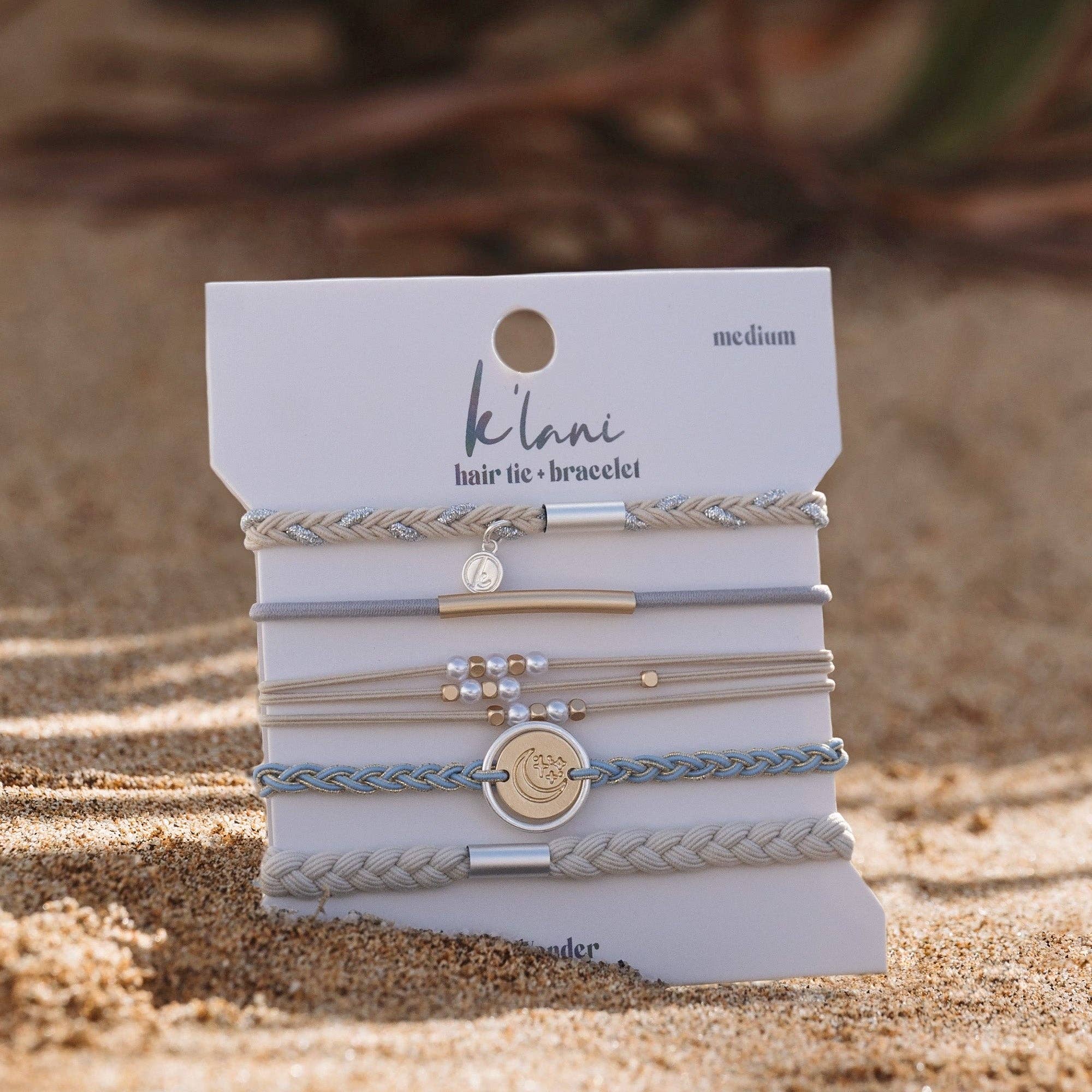 K'lani- "Wonder" Soft Creams and Blues with Pearls and Gold Hair Tie Bracelets