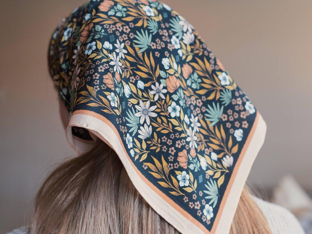 Flora West Design- 100% Silk Bandana Scarf -Midnight Garden Floral Western Wear