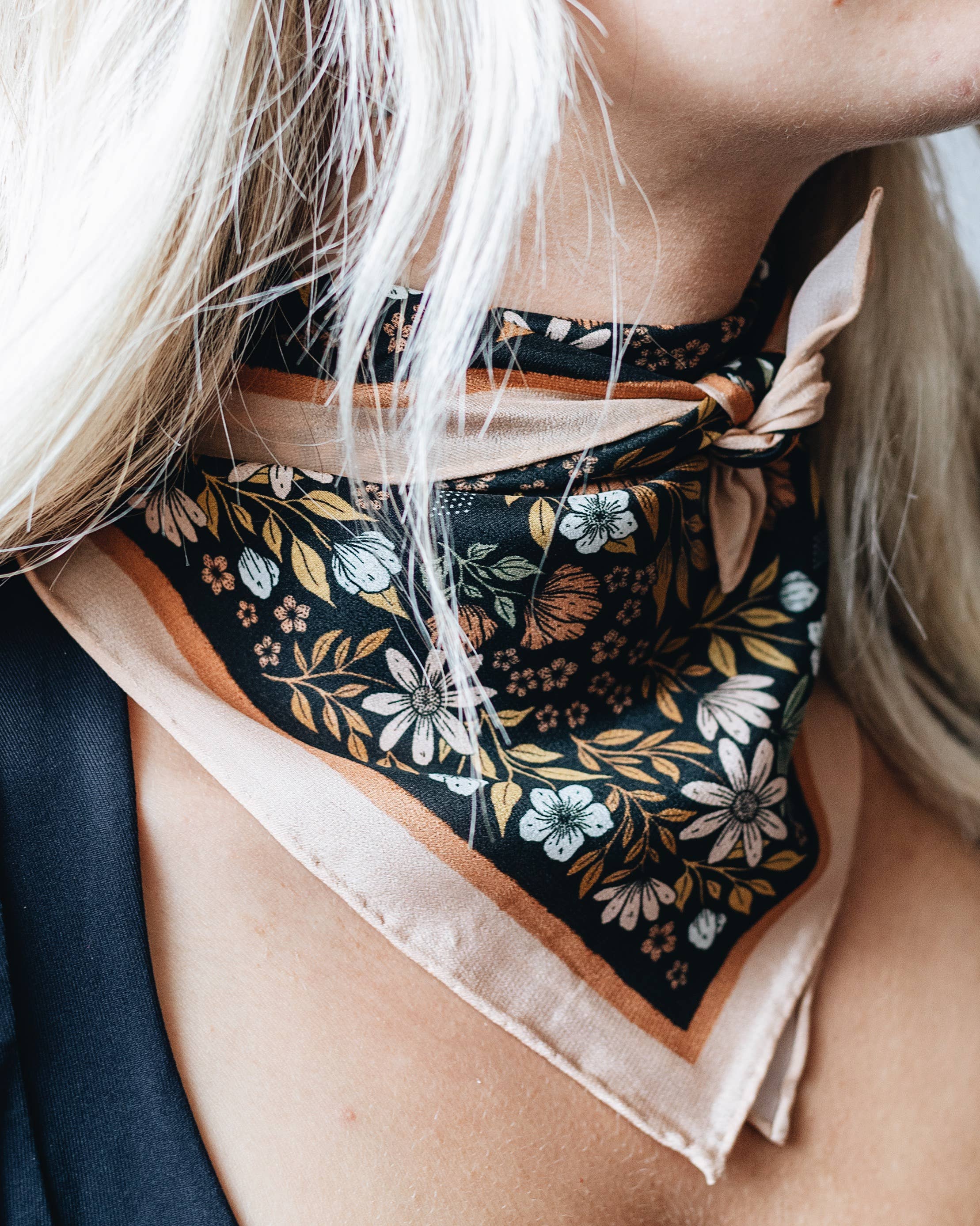 Flora West Design- 100% Silk Bandana Scarf -Midnight Garden Floral Western Wear