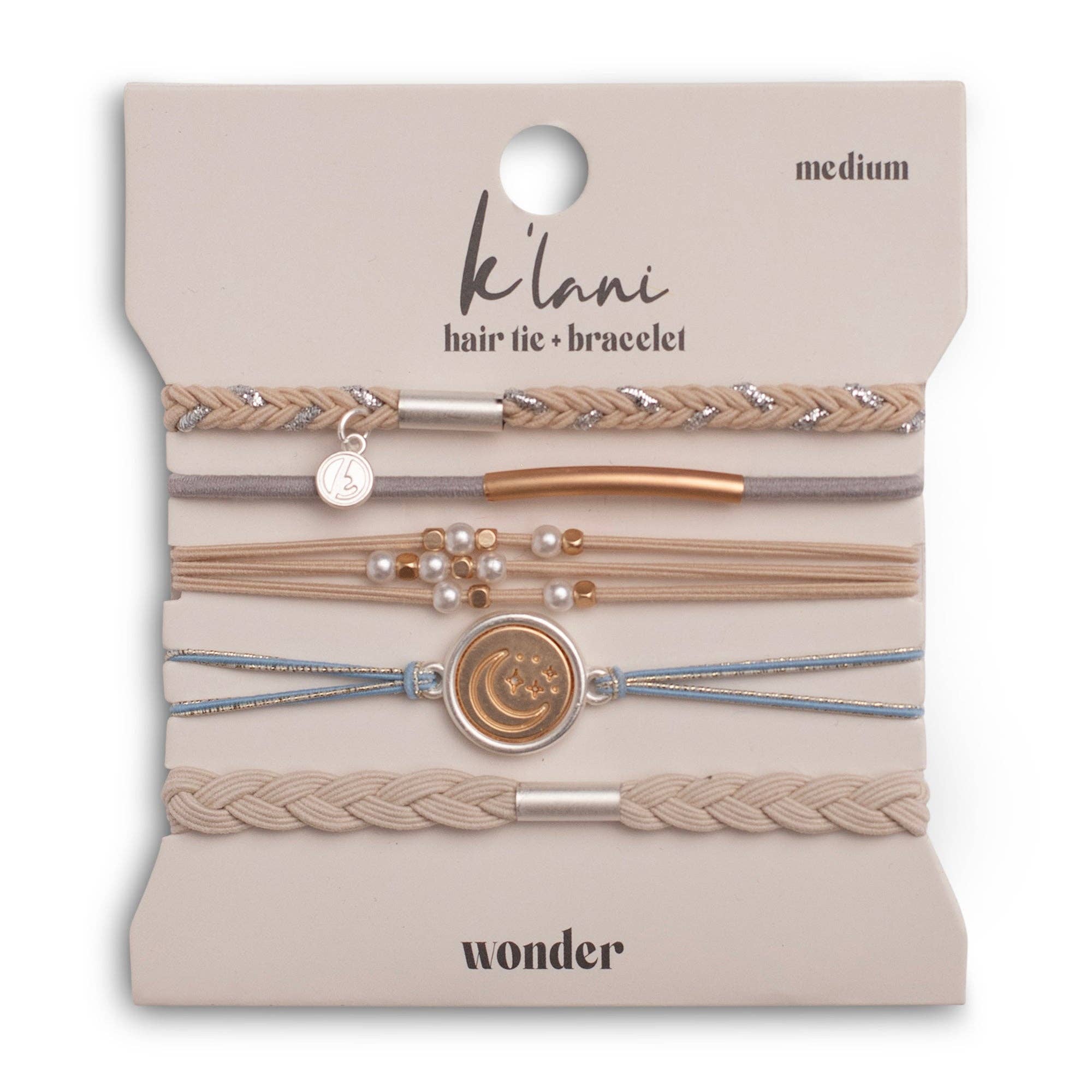 K'lani- "Wonder" Soft Creams and Blues with Pearls and Gold Hair Tie Bracelets