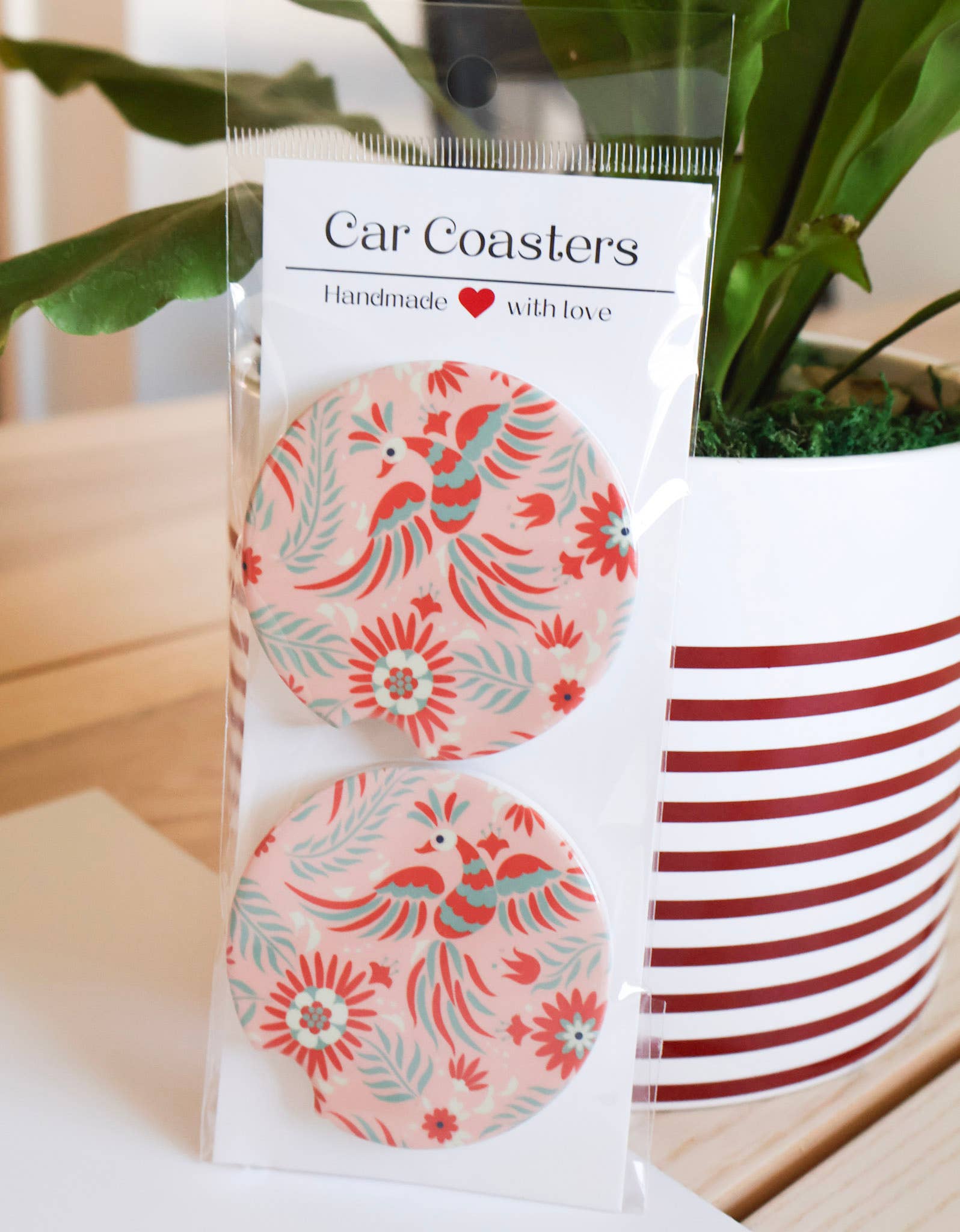 Gaec Studio- Mexican Embroidery Style Pink - Car Coasters Set of 2