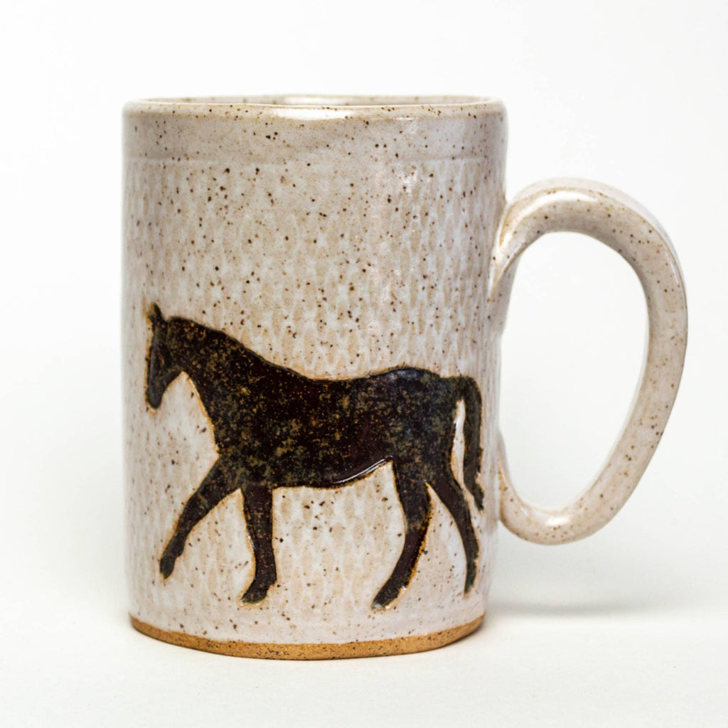 White Squirrel Clayworks- Brown Horse Design Handmade, in Ohio, Ceramic 14oz White Mug