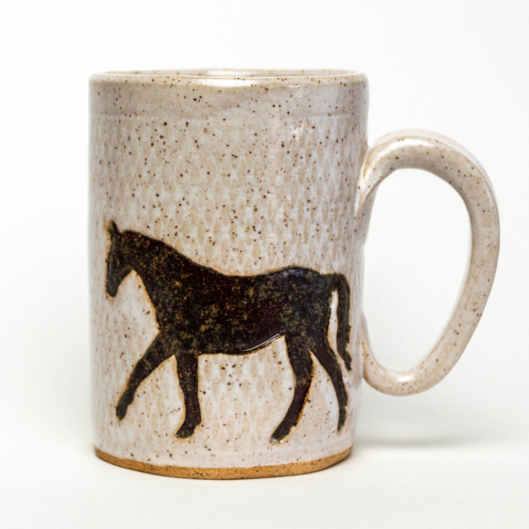 White Squirrel Clayworks- Brown Horse Design Handmade, in Ohio, Ceramic 14oz White Mug