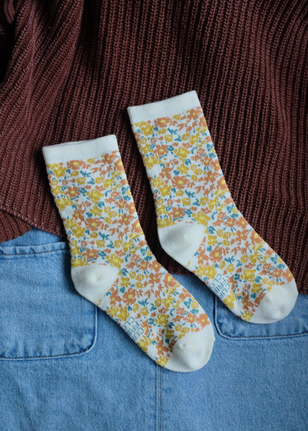 First Summer- Gold Floral Vintage Print Crew Socks