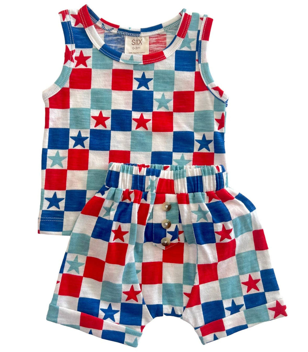 SIIX Collection- Red, White & Blue Checkerboard / Organic Tank & Short Set