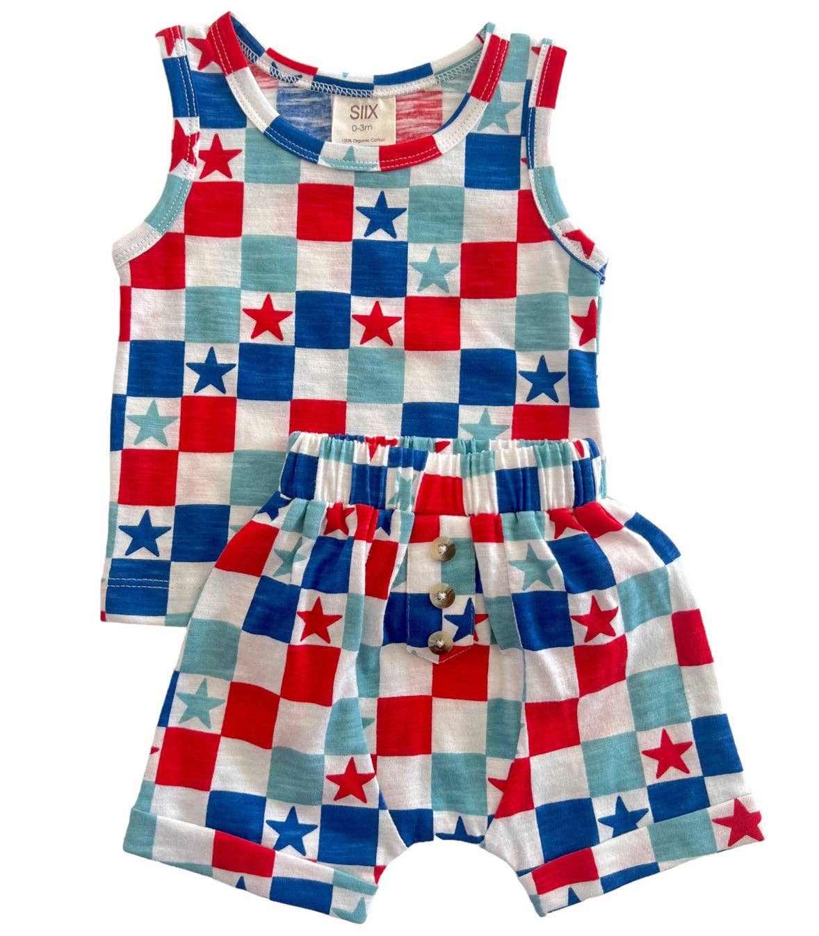 SIIX Collection- Red, White & Blue Checkerboard / Organic Tank & Short Set