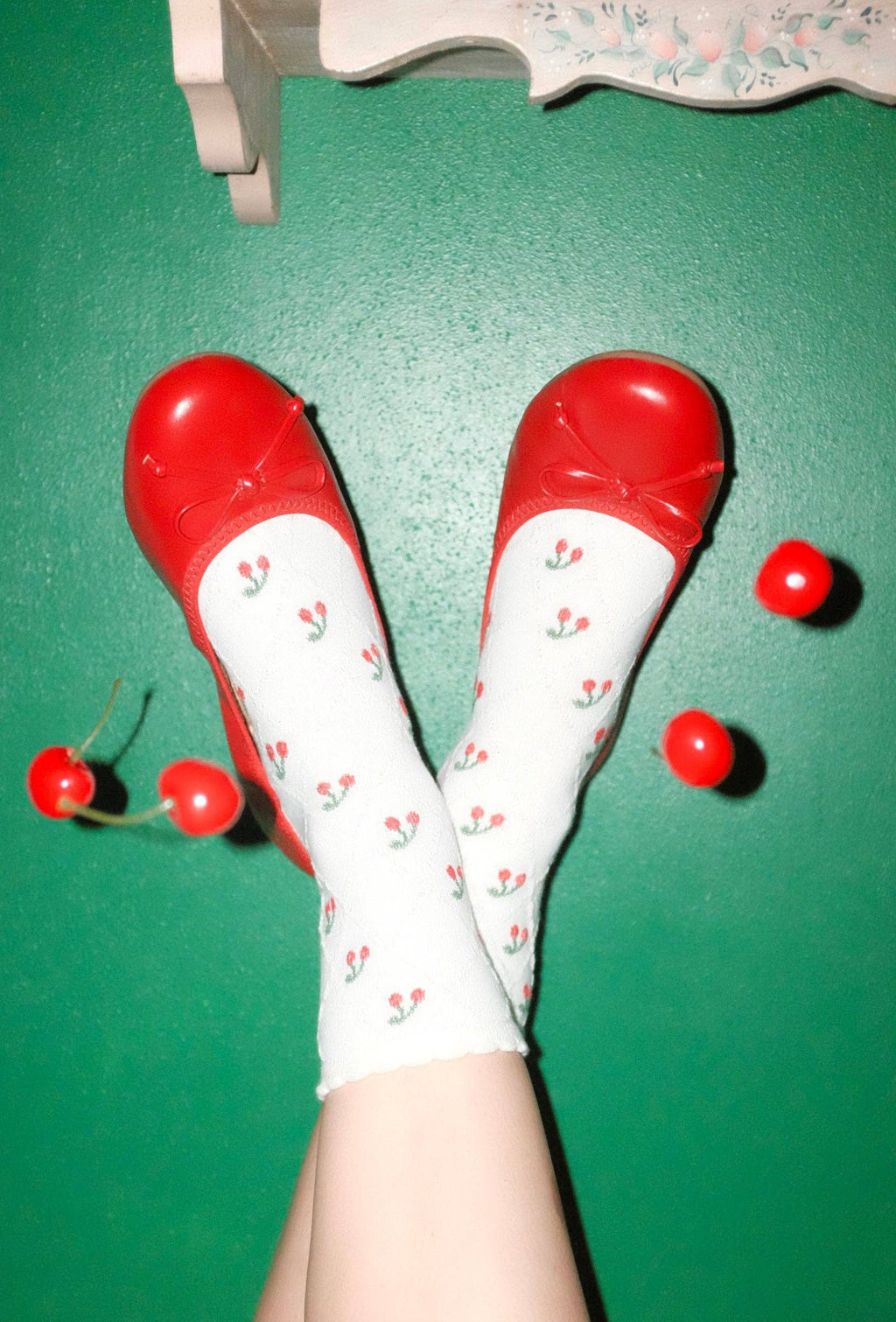First Summer- Red Cherry Print Ruffle textured Crew Socks