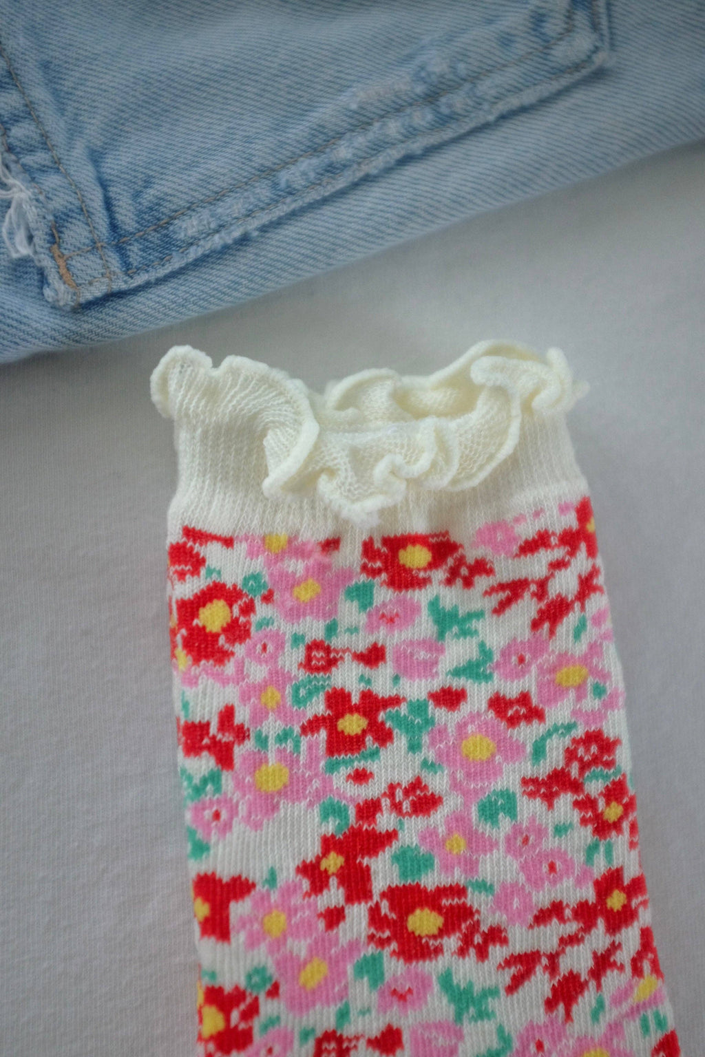 First Summer- Pink Red Floral Whimsical Ruffle Crew Socks