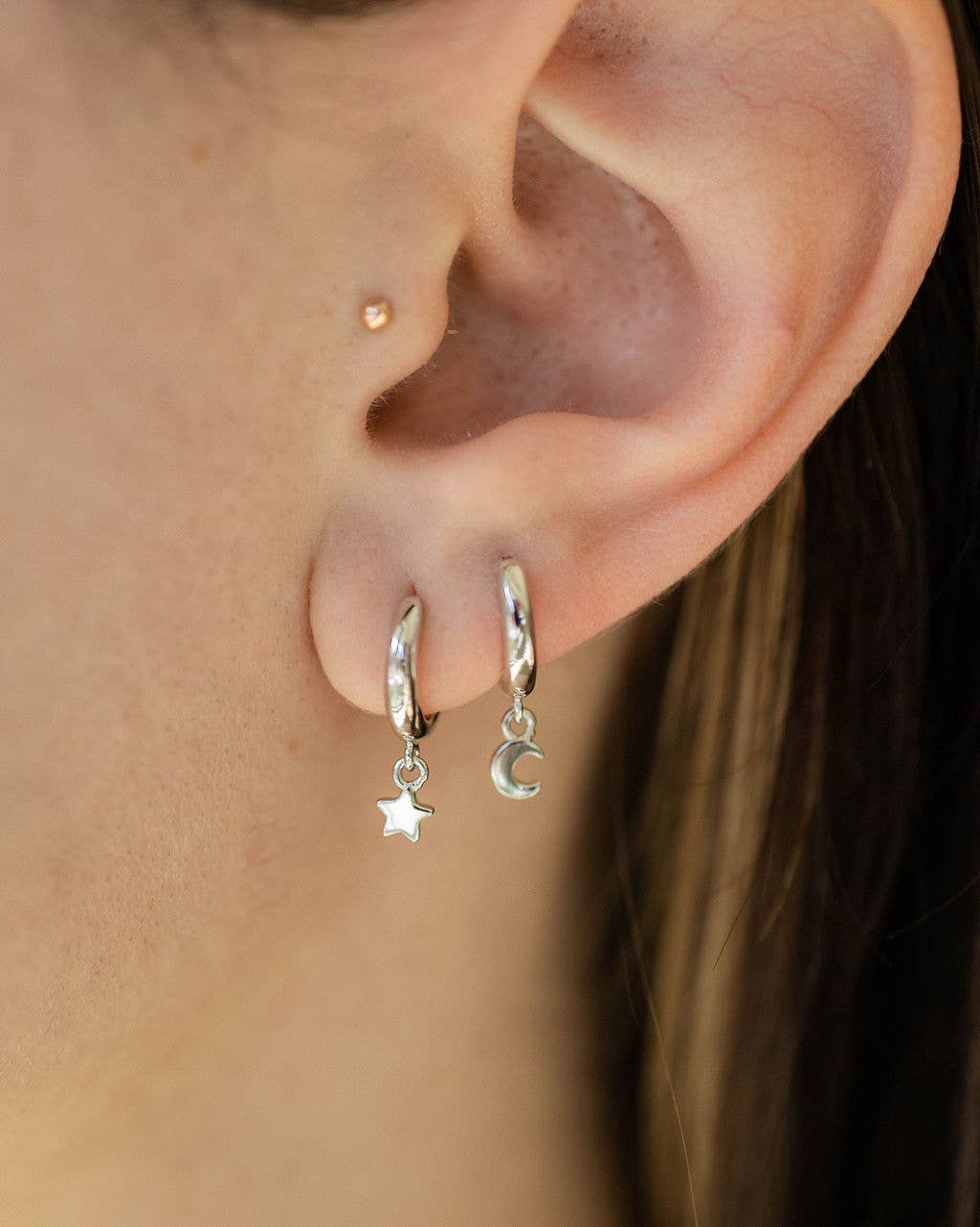 Land of Salt- Star and Moon Huggie Hoop Earrings in Silver