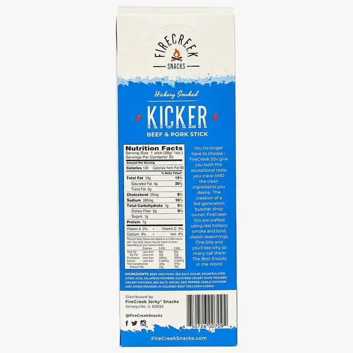 FireCreek Snacks- Kicker Spicy Beef & Pork Meat Sticks - 20ct Beef Jerky Stick