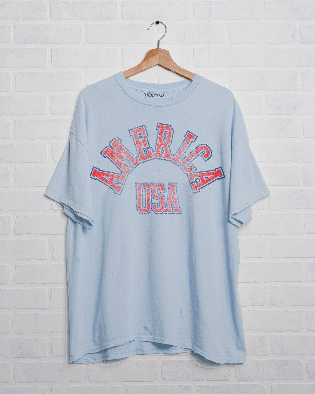 LivyLu- 4th of July America Mega Arch Lt. Blue Thrifted Graphic Tee
