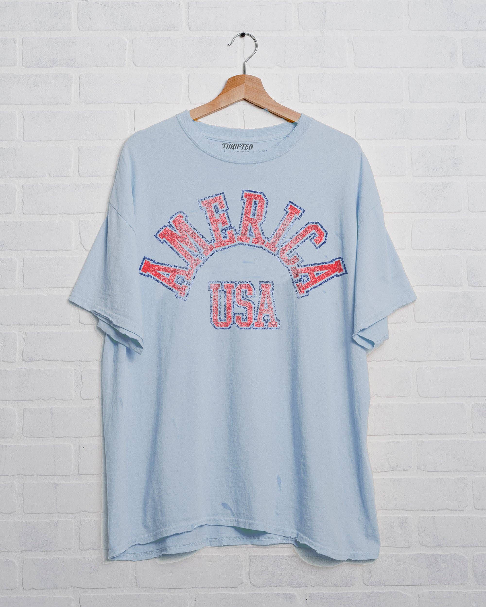LivyLu- 4th of July America Mega Arch Lt. Blue Thrifted Graphic Tee