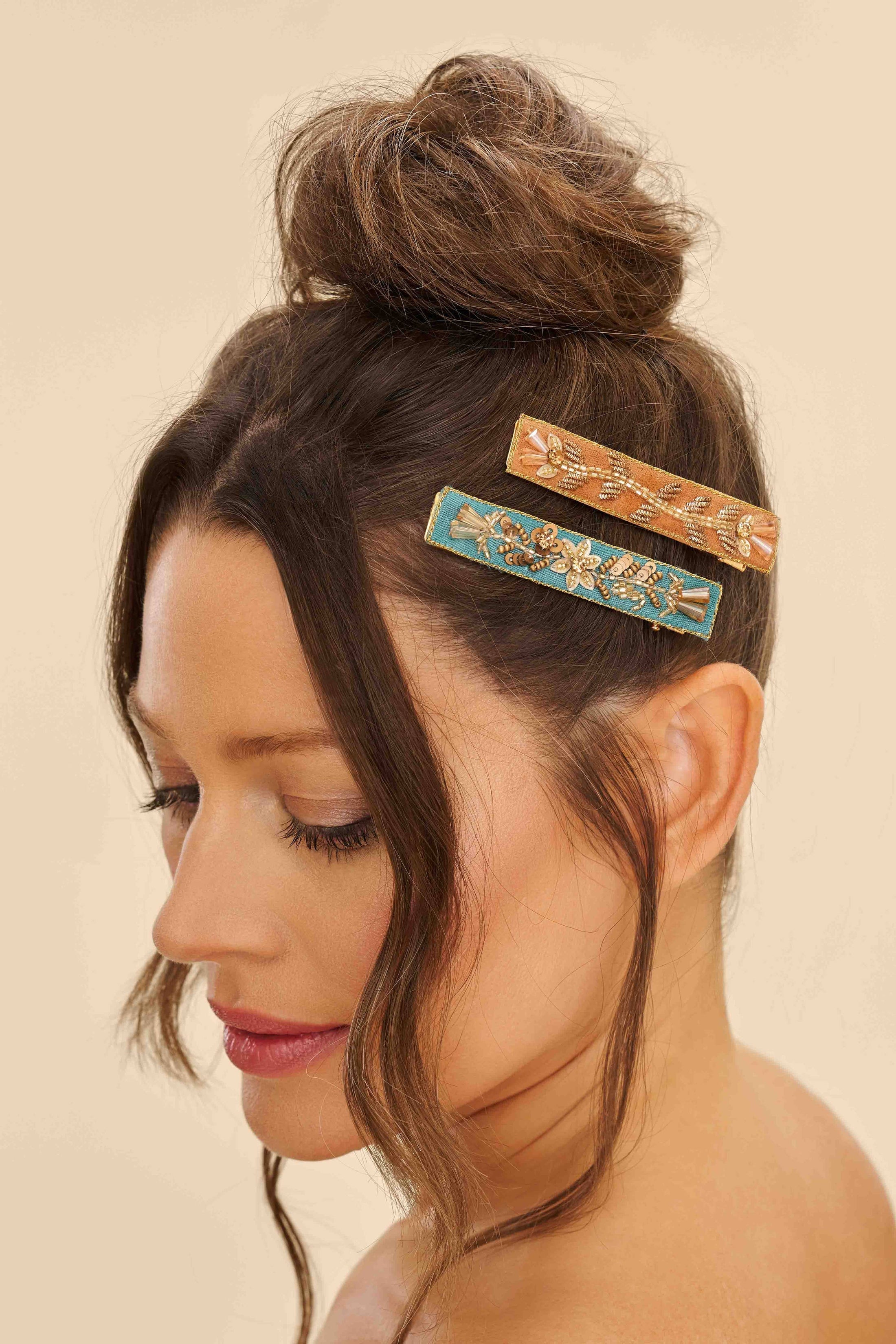 Powder- Floral Vines Narrow Jewelled Hair Bar (Set of 2)