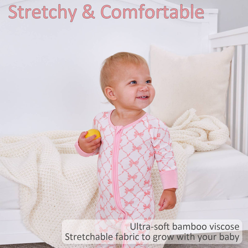 LollyBanks- Beautiful Bows Baby Bamboo Pajamas, 2-Way Zipper Romper
