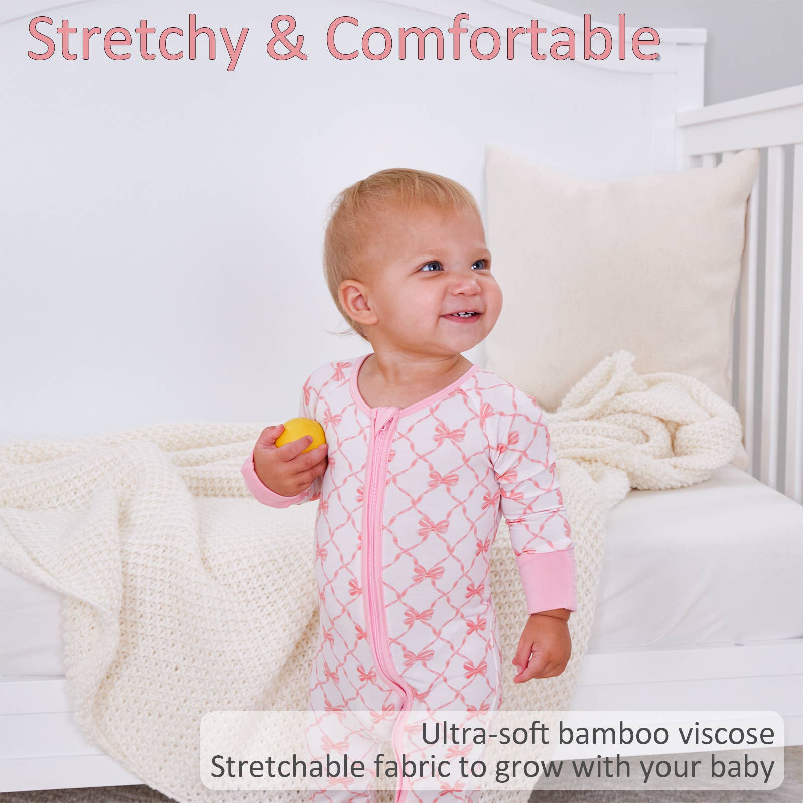 LollyBanks- Beautiful Bows Baby Bamboo Pajamas, 2-Way Zipper Romper