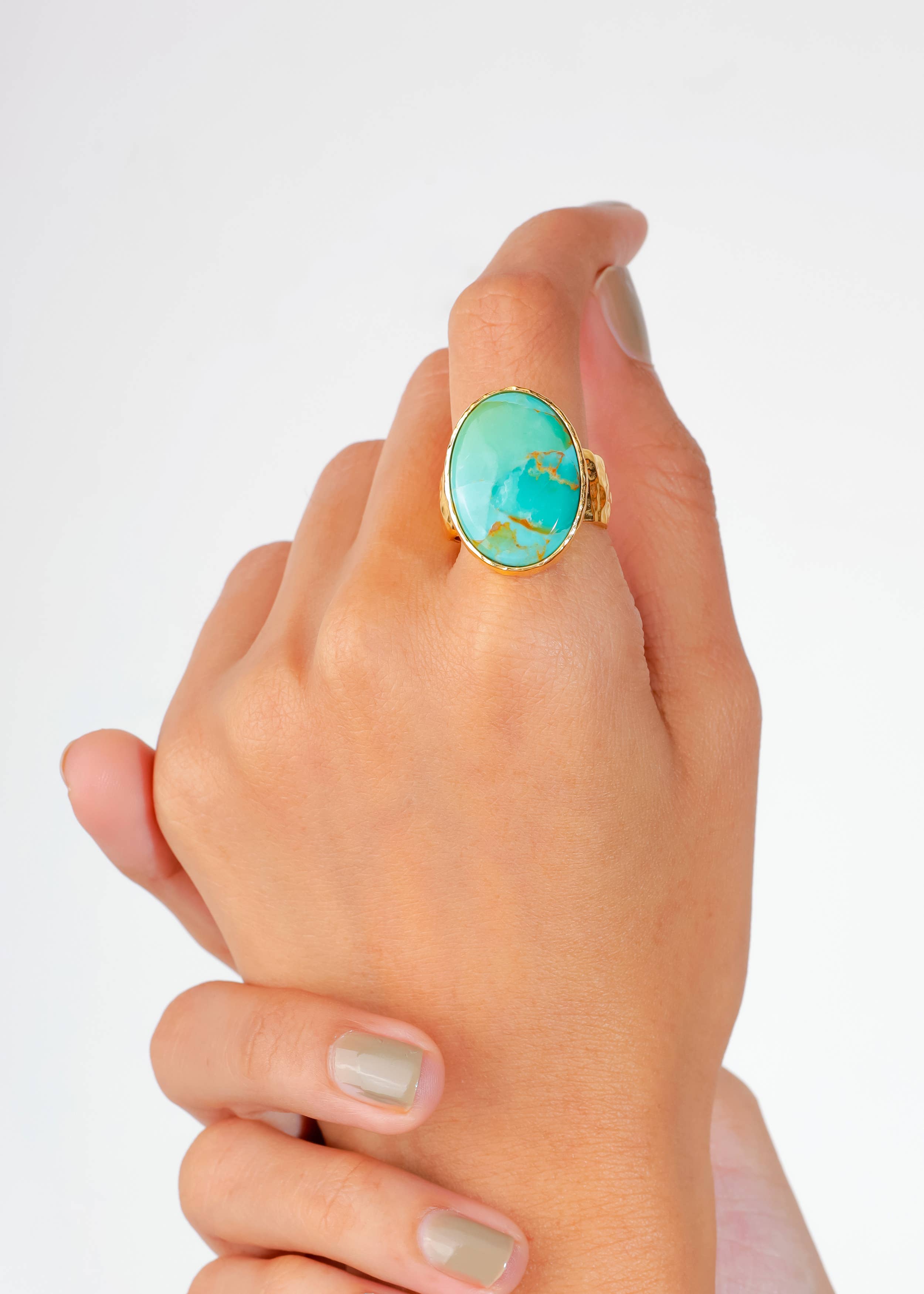 Tiramisu- Blue Mohave Turquoise Hammered Gold Plated Statement Ring