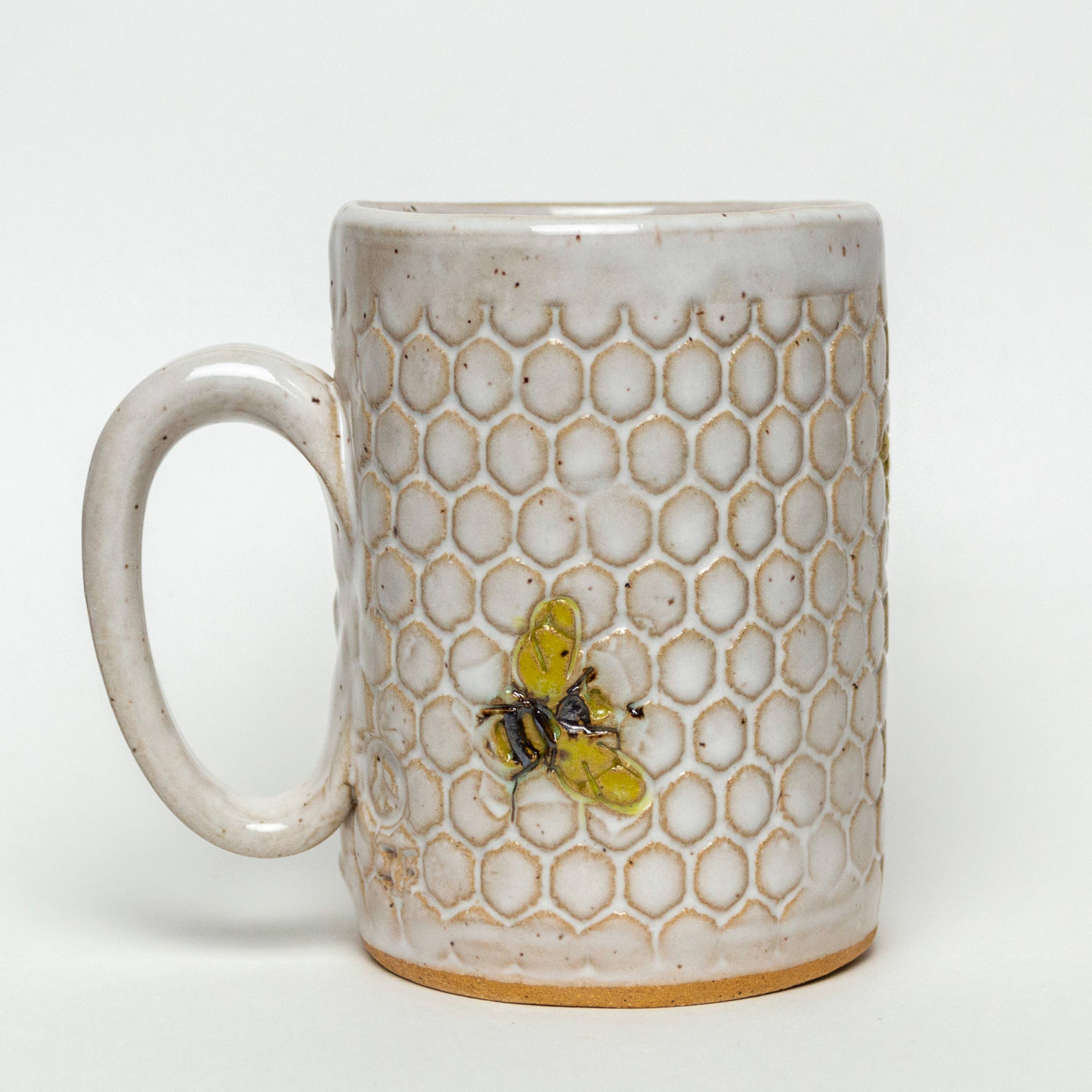 White Squirrel Clayworks- Bee Pattern Handmade Ceramic White 14oz Mug