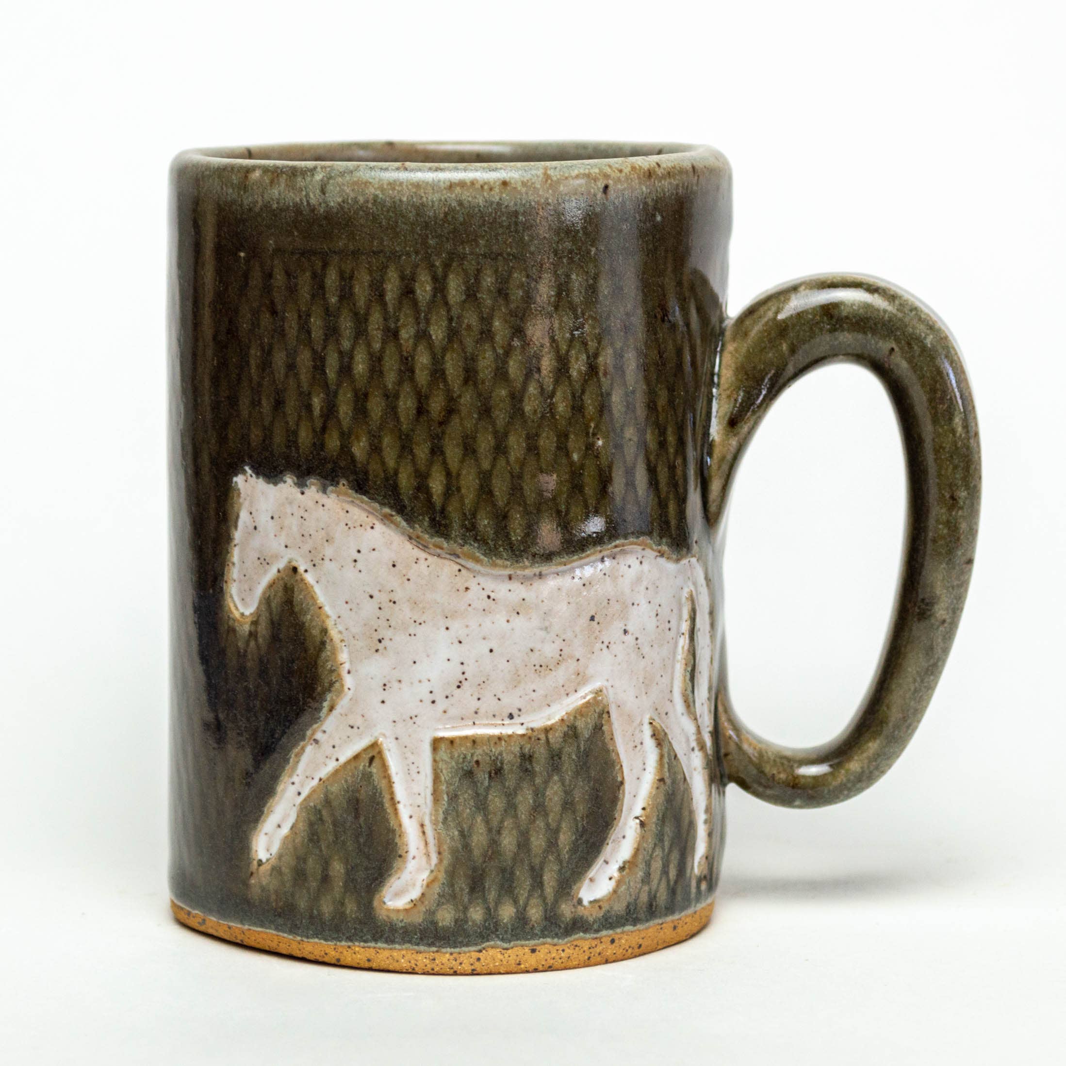 White Squirrel Clayworks- White Horse Design Handmade, in Ohio, Ceramic 14oz Gray Mug