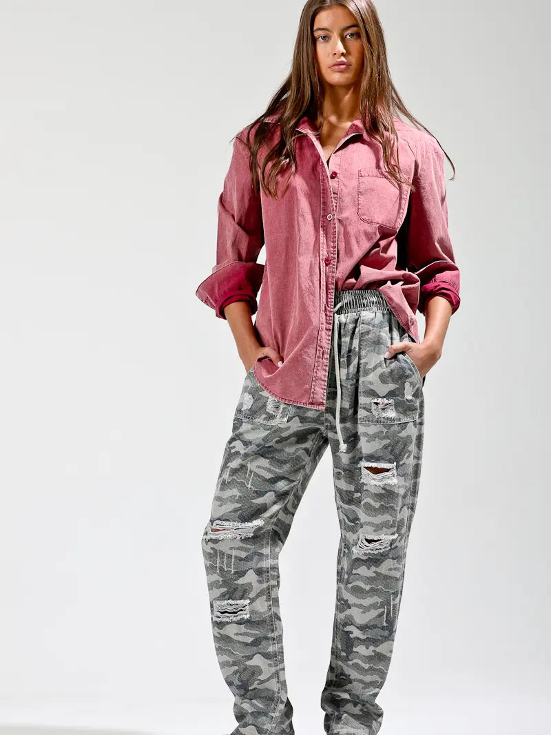 NoaBoa- Washed Cotton Button-Down Shirt with Front Pocket
