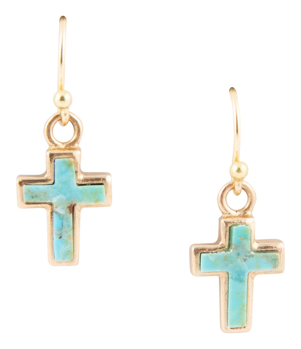 Barse Jewelry- Touch of Blue Turquoise Golden Cross Drop Earrings
