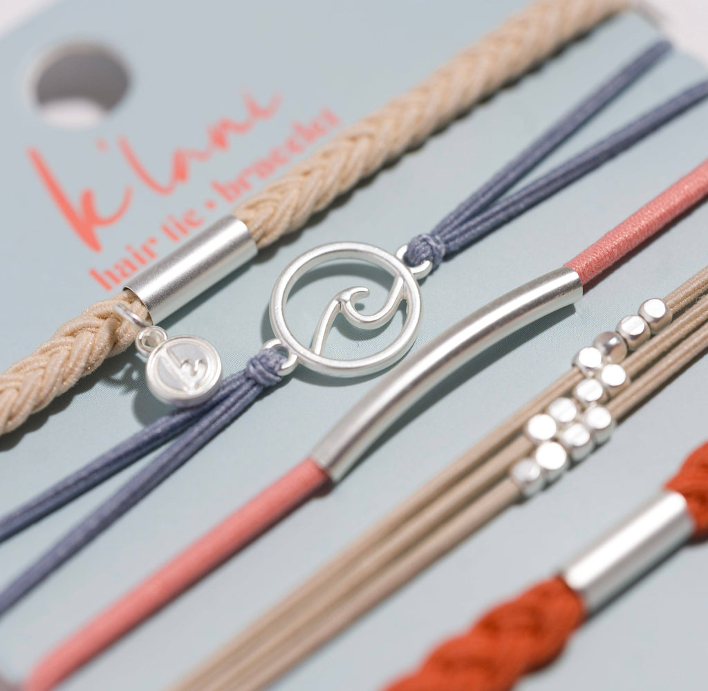 K'lani- "Celebrate" Blues and Corals With Silver Wave Charm Hair Tie Bracelets